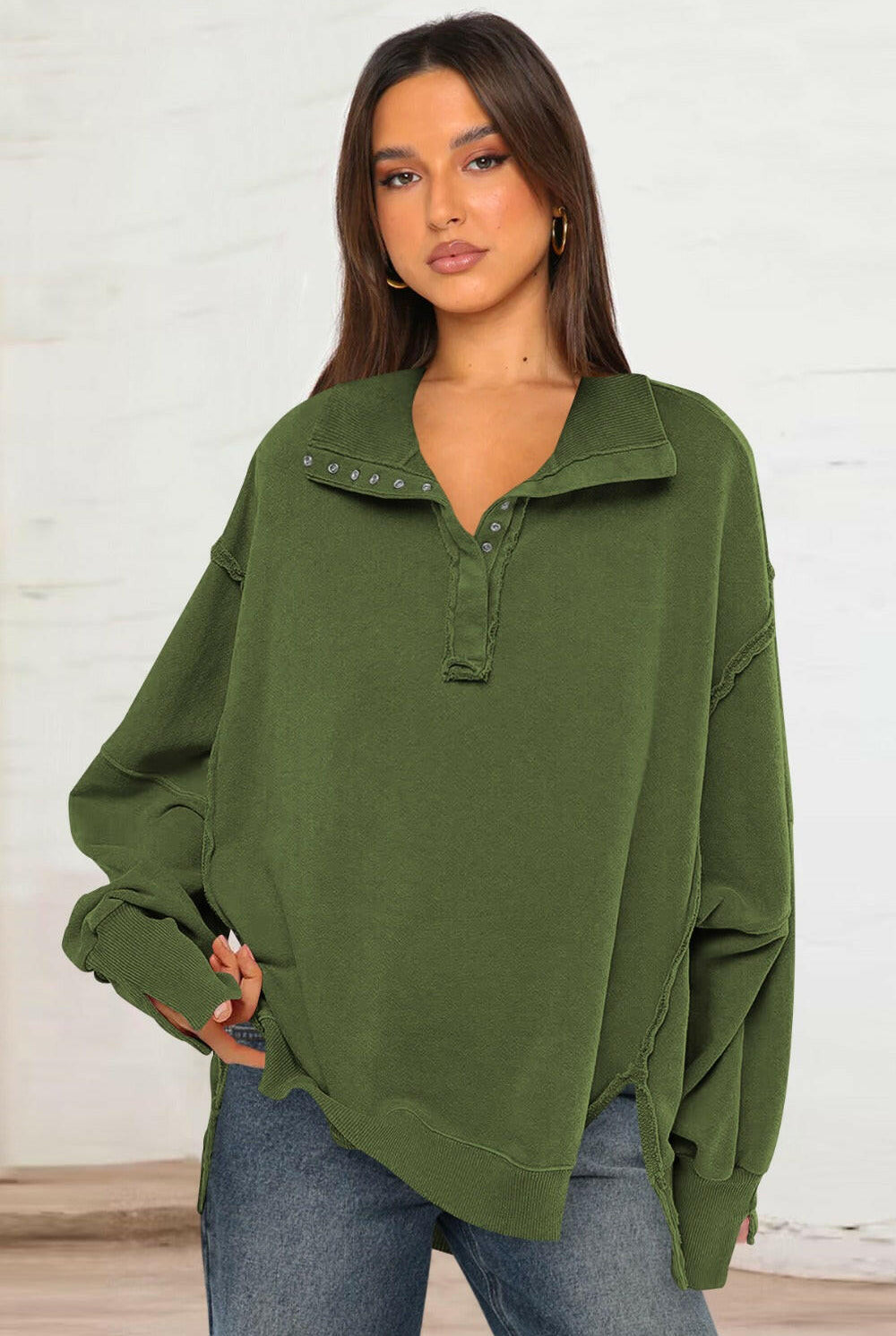 Exposed Seam Side Slit Long Sleeve Sweatshirt-Krush Kandy, Women's Online Fashion Boutique Located in Phoenix, Arizona (Scottsdale Area)