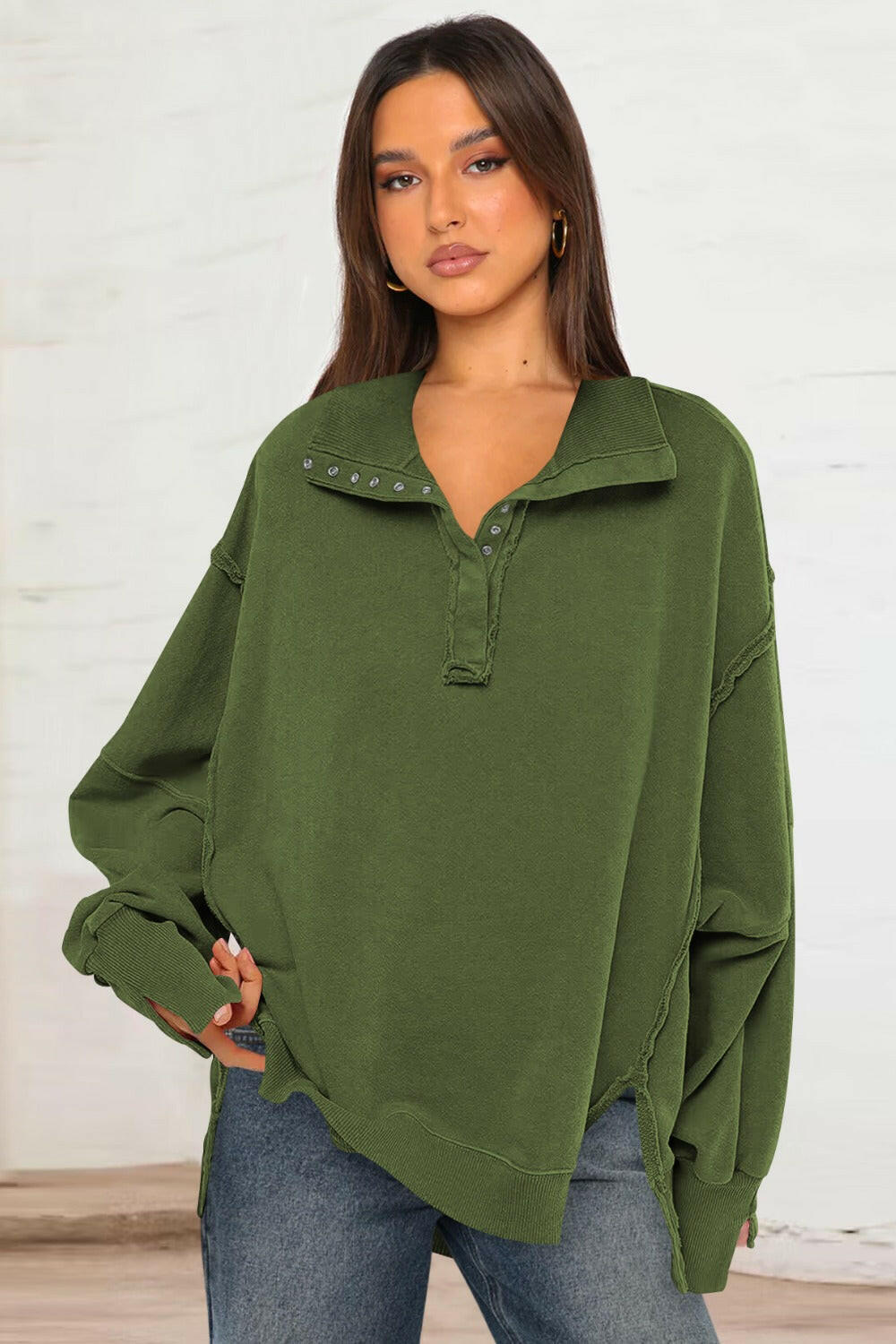 Exposed Seam Side Slit Long Sleeve Sweatshirt-Krush Kandy, Women's Online Fashion Boutique Located in Phoenix, Arizona (Scottsdale Area)