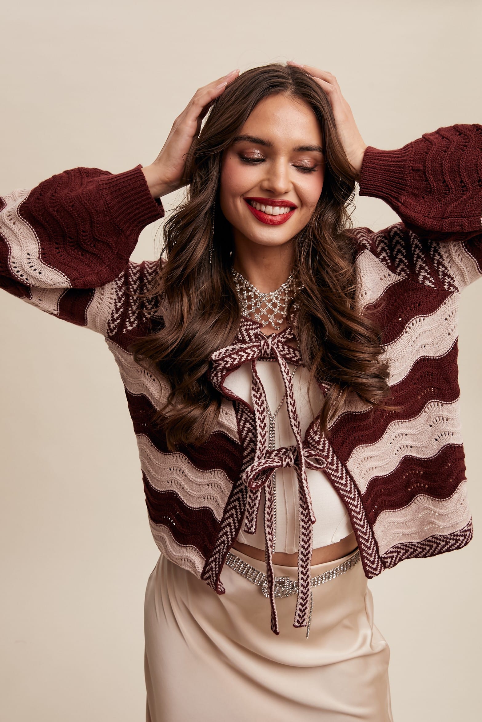 Wavy Stripe Pointelle Knit Tie Front Cardigan-Cardigan-Krush Kandy, Women's Online Fashion Boutique Located in Phoenix, Arizona (Scottsdale Area)