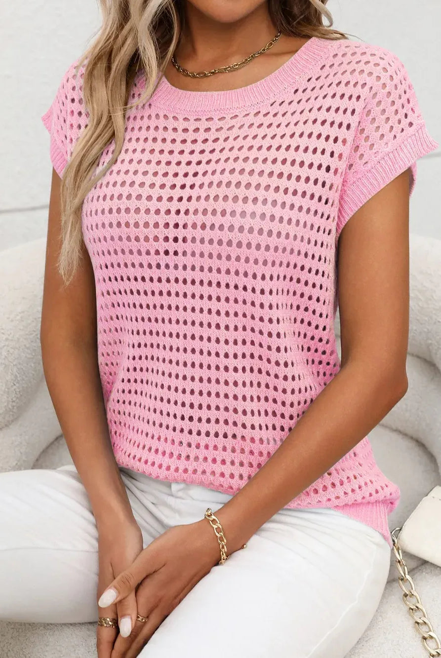 Openwork Round Neck Short Sleeve Knit Cover Up-Krush Kandy, Women's Online Fashion Boutique Located in Phoenix, Arizona (Scottsdale Area)