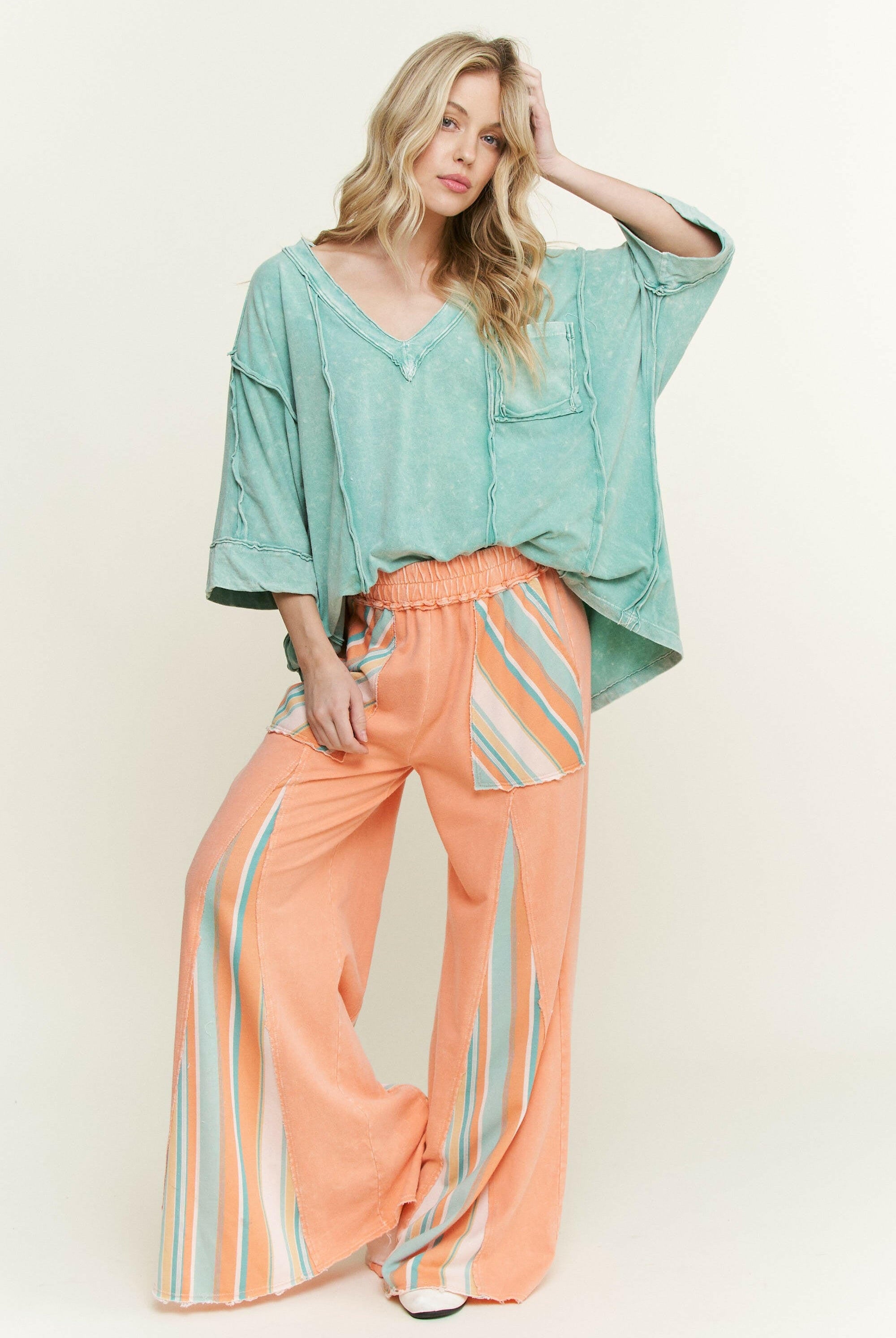 J.HER Mineral Wash Raw Detailed V-neck Top-Tops-Krush Kandy, Women's Online Fashion Boutique Located in Phoenix, Arizona (Scottsdale Area)