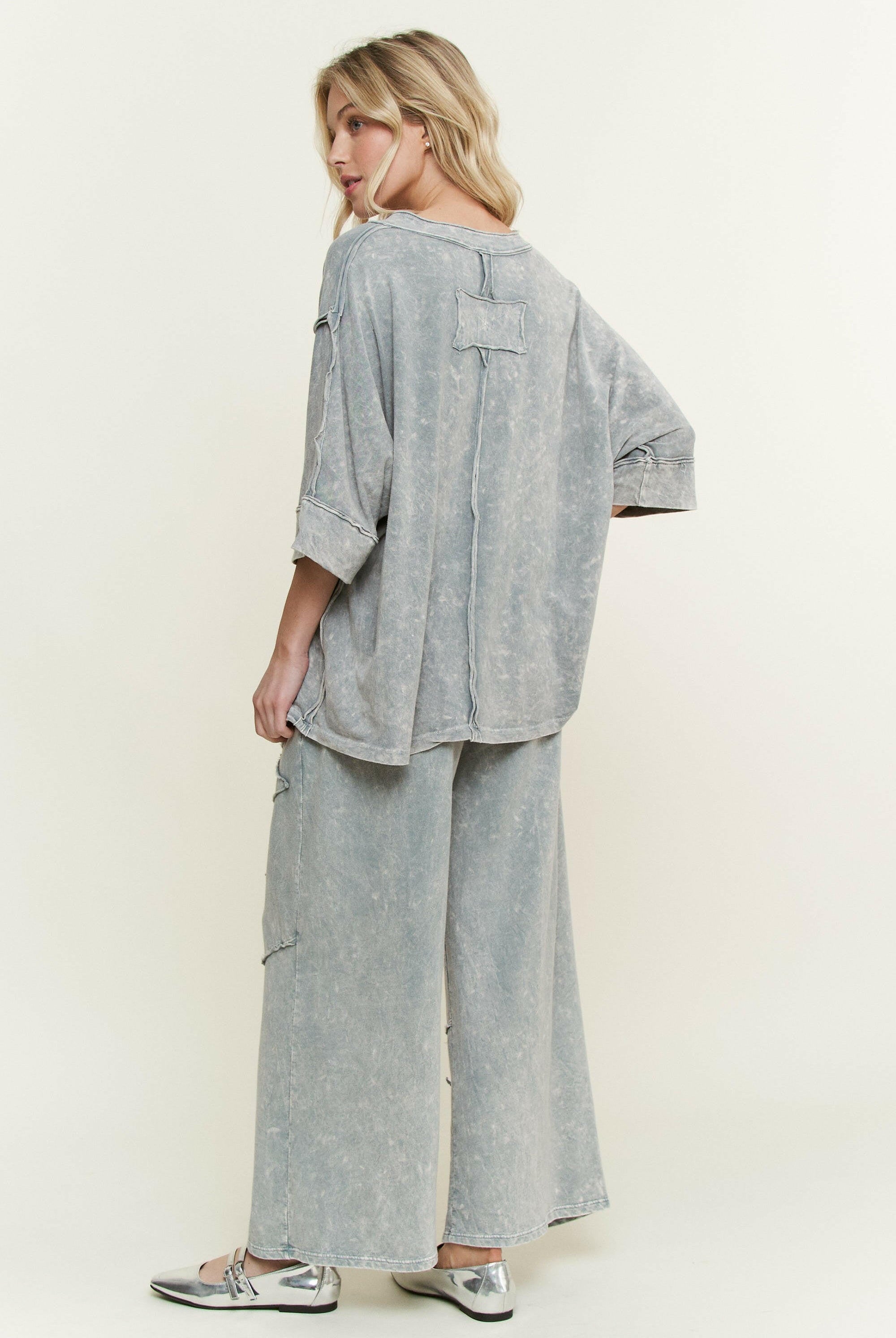 J.HER Mineral Wash Raw Detailed V-neck Top-Tops-Krush Kandy, Women's Online Fashion Boutique Located in Phoenix, Arizona (Scottsdale Area)