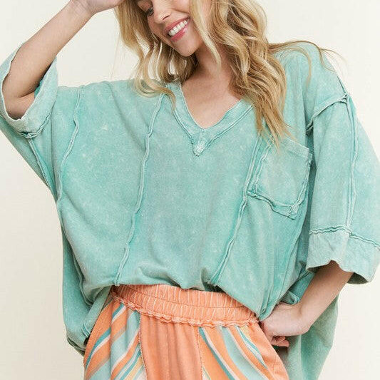 J.HER Mineral Wash Raw Detailed V-neck Top-Tops-Krush Kandy, Women's Online Fashion Boutique Located in Phoenix, Arizona (Scottsdale Area)