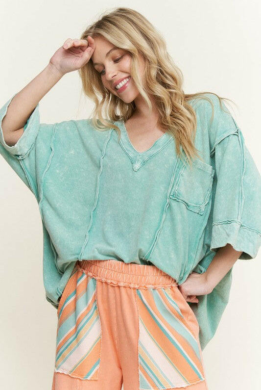 J.HER Mineral Wash Raw Detailed V-neck Top-Tops-Krush Kandy, Women's Online Fashion Boutique Located in Phoenix, Arizona (Scottsdale Area)