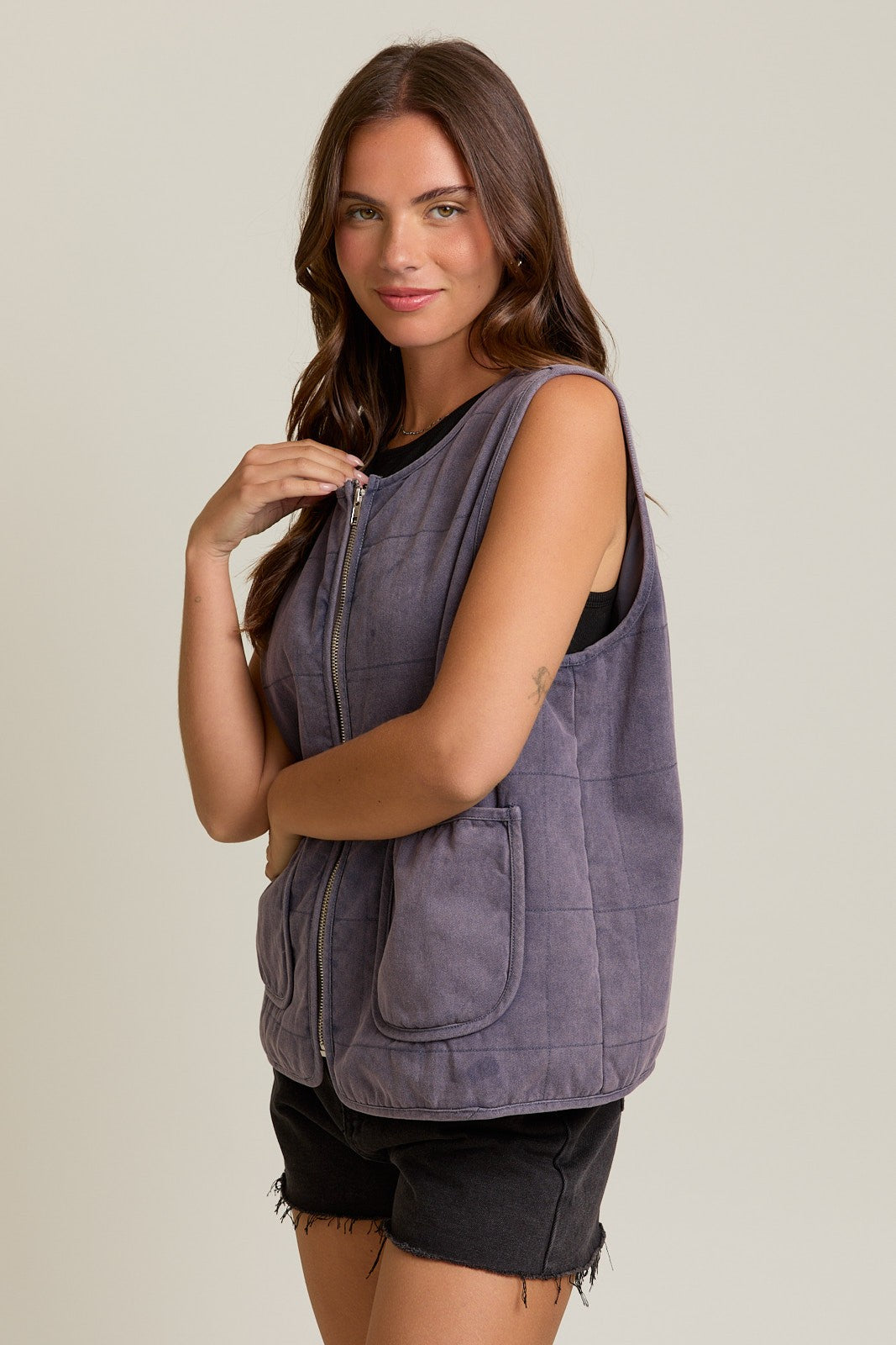 Stone-Washed Cotton Zip Vest-Vests-Krush Kandy, Women's Online Fashion Boutique Located in Phoenix, Arizona (Scottsdale Area)