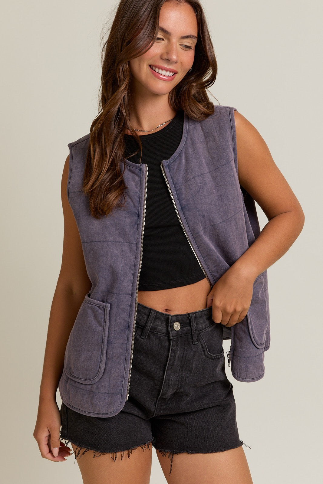 Stone-Washed Cotton Zip Vest-Vests-Krush Kandy, Women's Online Fashion Boutique Located in Phoenix, Arizona (Scottsdale Area)