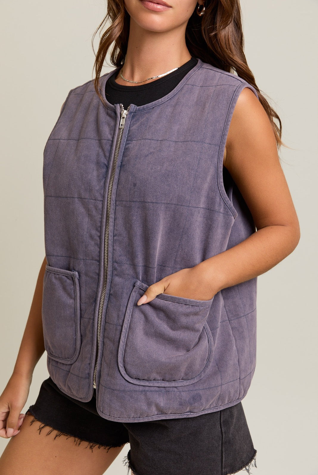 Stone-Washed Cotton Zip Vest-Vests-Krush Kandy, Women's Online Fashion Boutique Located in Phoenix, Arizona (Scottsdale Area)