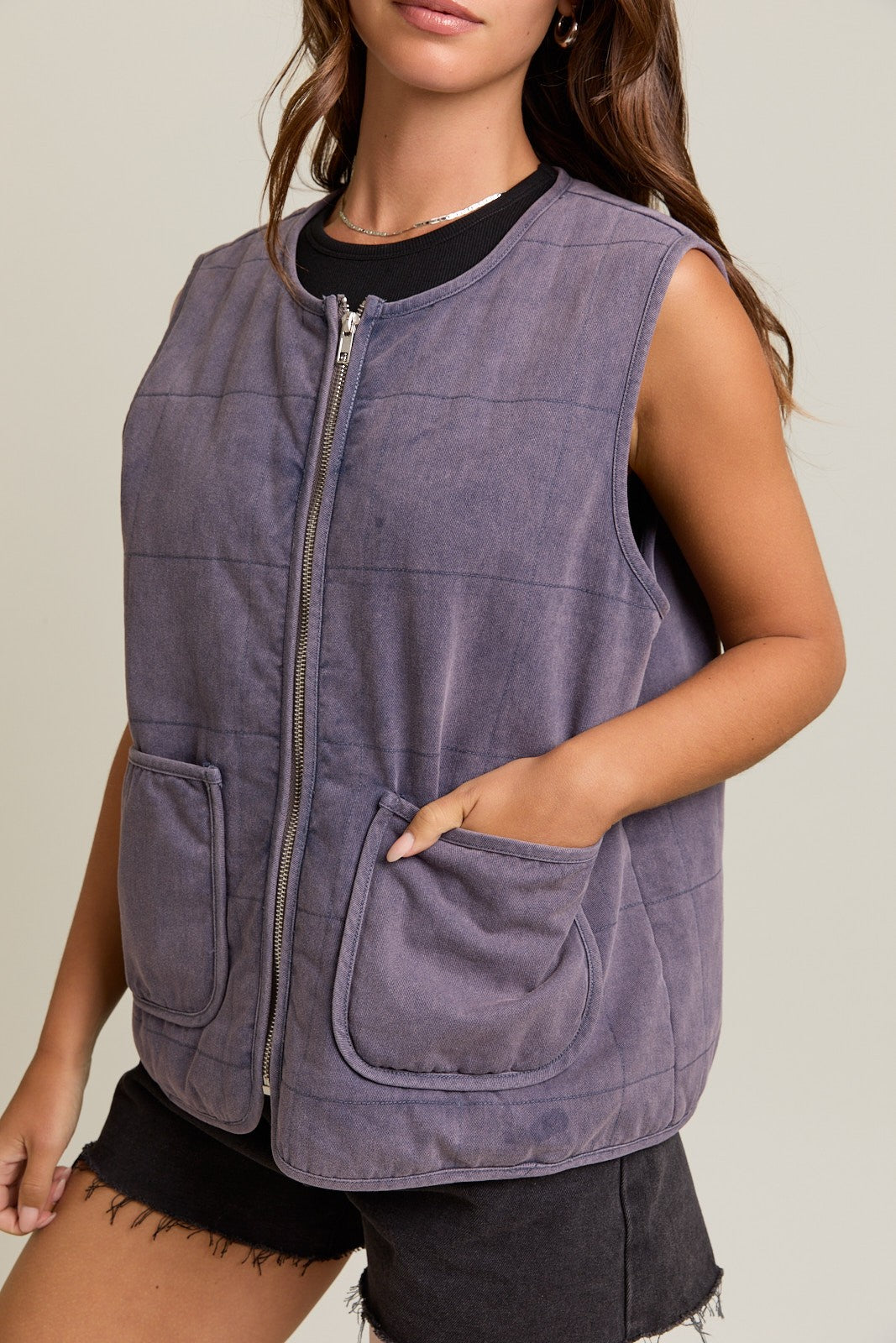 Stone-Washed Cotton Zip Vest-Vests-Krush Kandy, Women's Online Fashion Boutique Located in Phoenix, Arizona (Scottsdale Area)