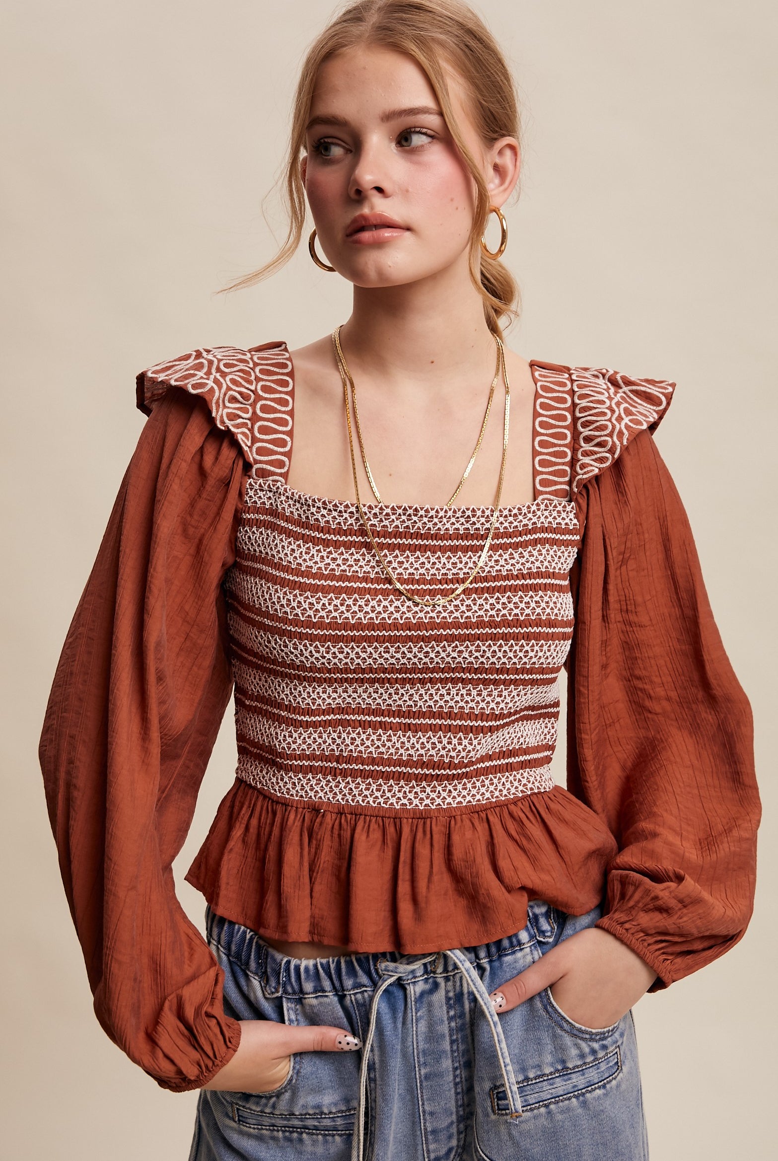 Contrast Stitch Smocked Square Neck Top-Tops-Krush Kandy, Women's Online Fashion Boutique Located in Phoenix, Arizona (Scottsdale Area)