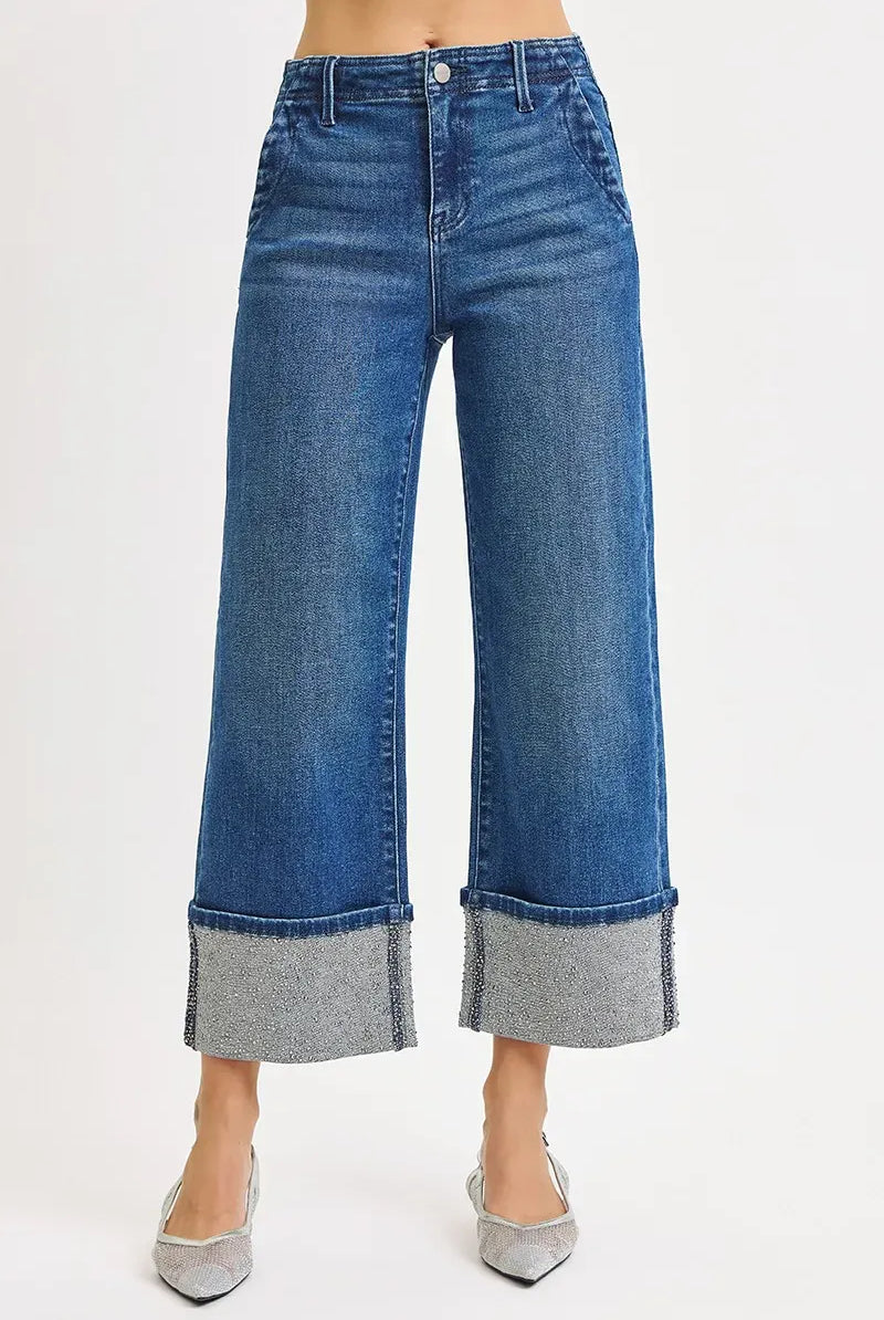 RISEN High Rise Ankle Wide Rhine Stone Cuffed Jeans-Krush Kandy, Women's Online Fashion Boutique Located in Phoenix, Arizona (Scottsdale Area)