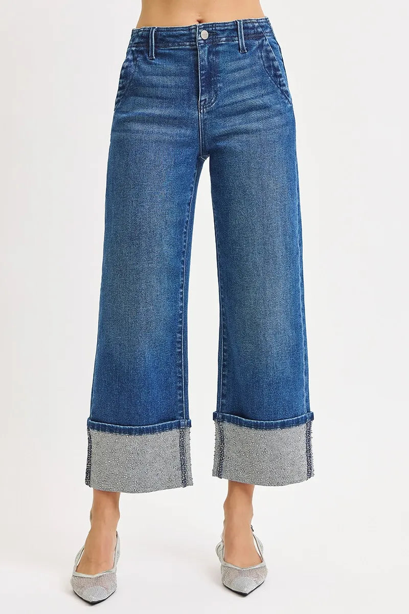RISEN High Rise Ankle Wide Rhine Stone Cuffed Jeans-Krush Kandy, Women's Online Fashion Boutique Located in Phoenix, Arizona (Scottsdale Area)