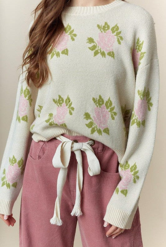 Big Roses Jacquard Sweater Top-Sweater-Krush Kandy, Women's Online Fashion Boutique Located in Phoenix, Arizona (Scottsdale Area)