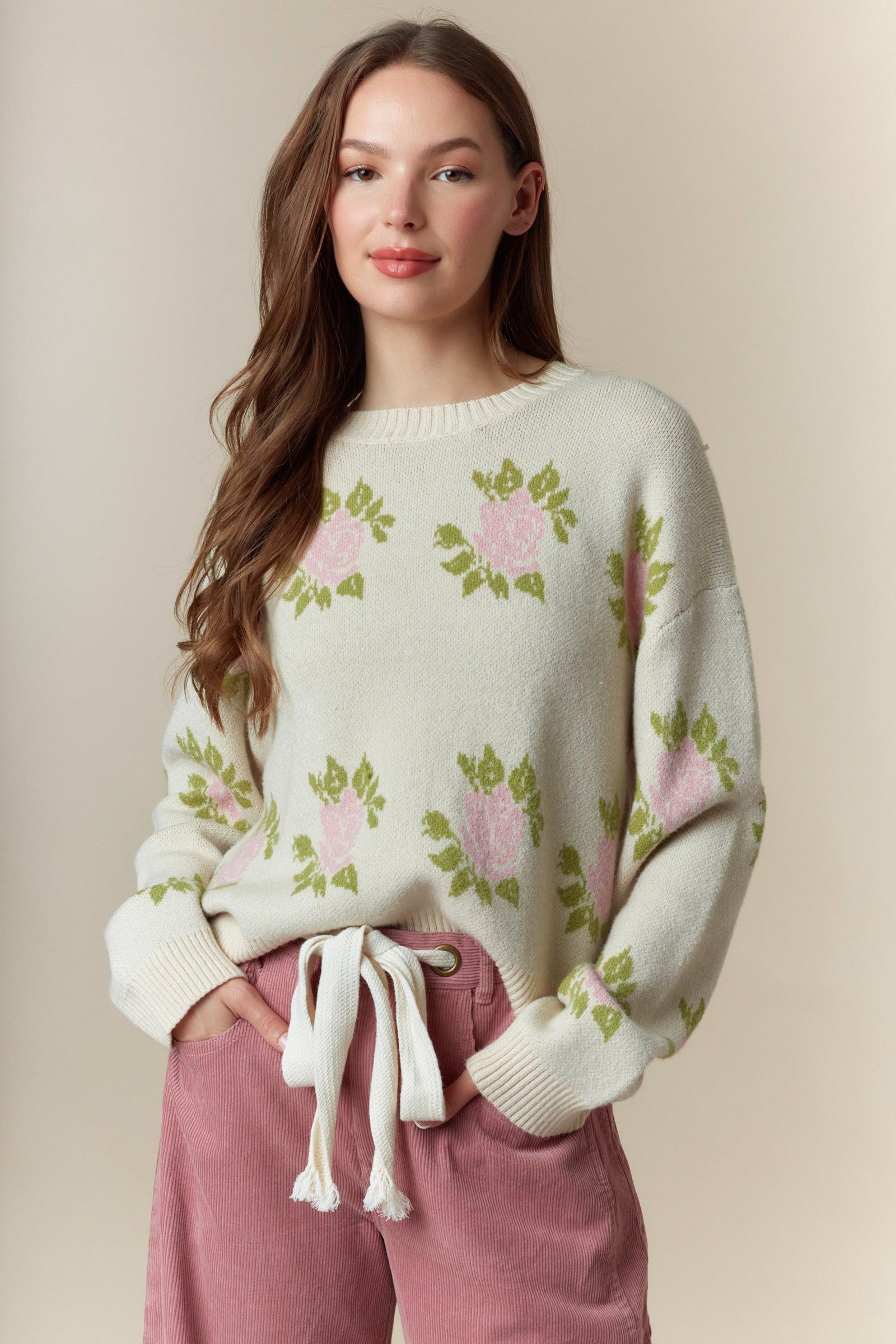 Big Roses Jacquard Sweater Top-Sweater-Krush Kandy, Women's Online Fashion Boutique Located in Phoenix, Arizona (Scottsdale Area)