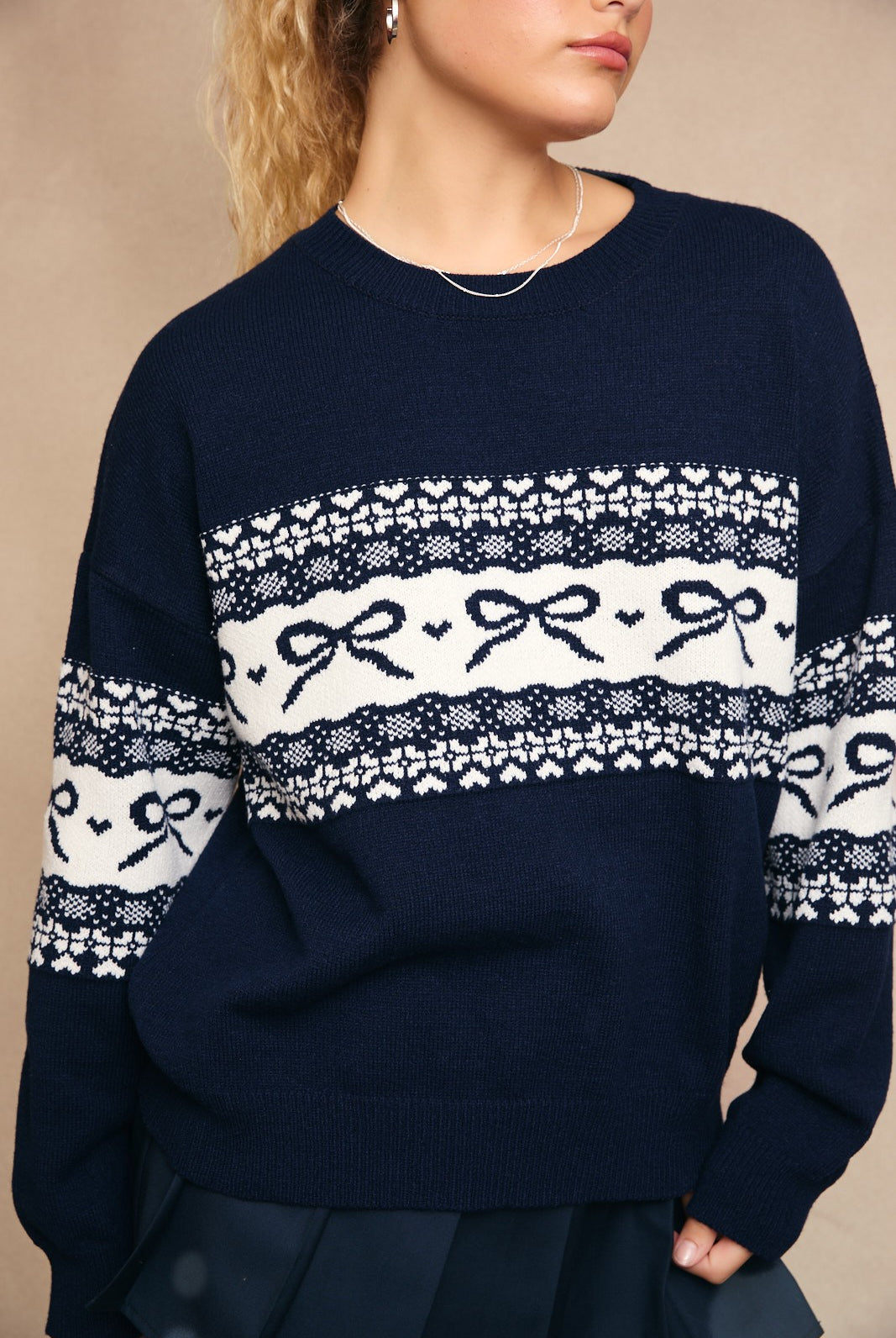 Navy Bow & Heart Fair Isle Sweater-Sweater-Krush Kandy, Women's Online Fashion Boutique Located in Phoenix, Arizona (Scottsdale Area)