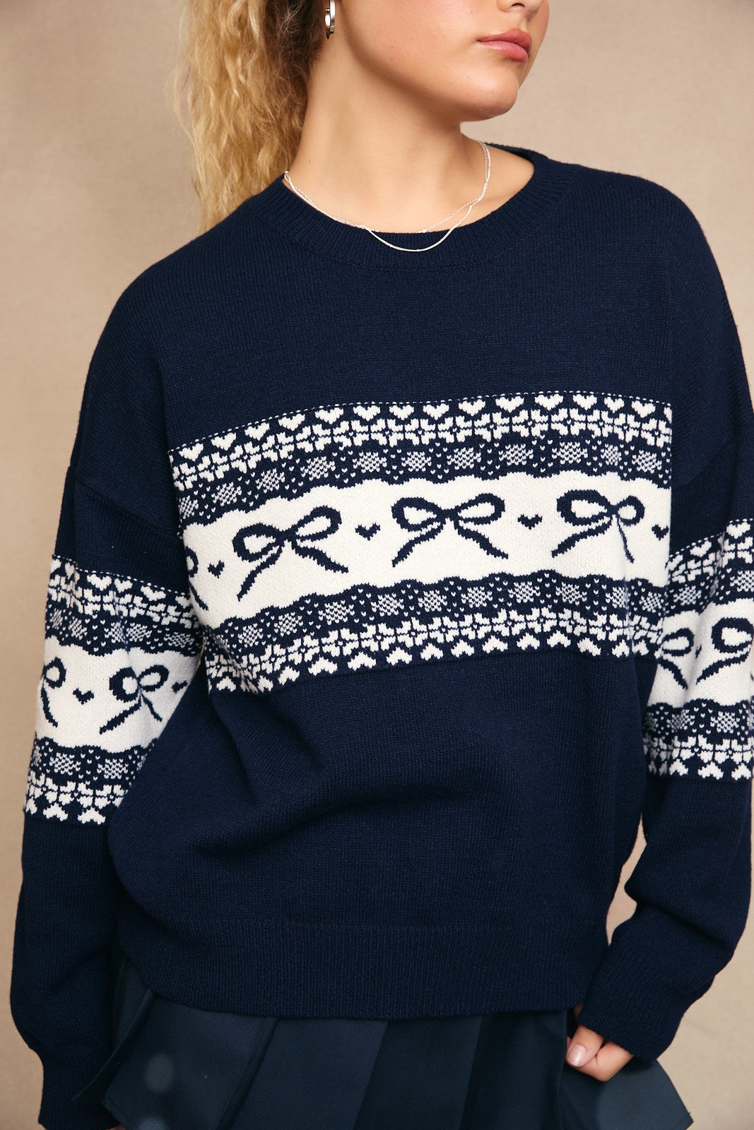 Navy Bow & Heart Fair Isle Sweater-Sweater-Krush Kandy, Women's Online Fashion Boutique Located in Phoenix, Arizona (Scottsdale Area)