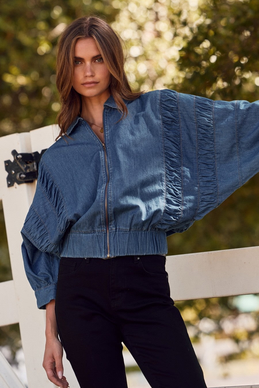 Lightweight Denim Zip-Up Jacket with Ruched Detail-Jackets-Krush Kandy, Women's Online Fashion Boutique Located in Phoenix, Arizona (Scottsdale Area)