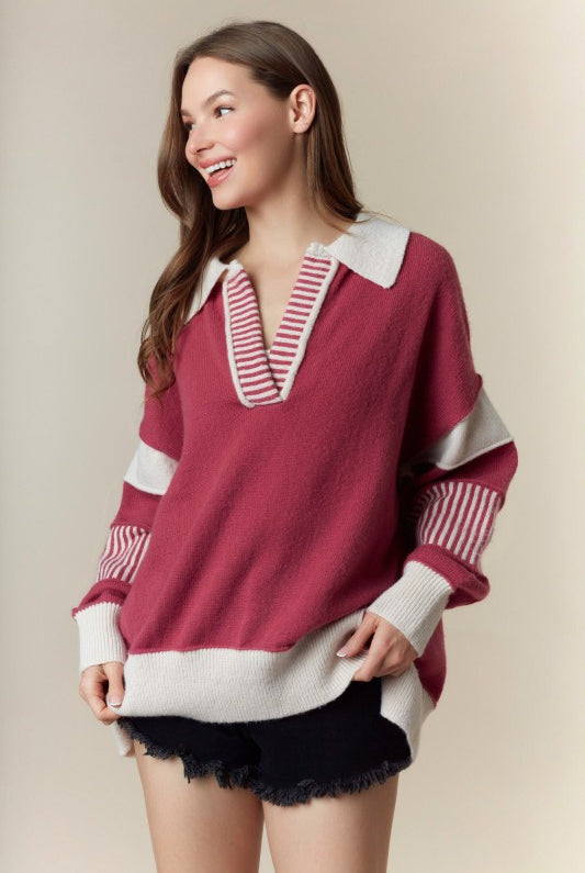 Color Contrast Split Neck Oversized Sweater-Sweaters-Krush Kandy, Women's Online Fashion Boutique Located in Phoenix, Arizona (Scottsdale Area)