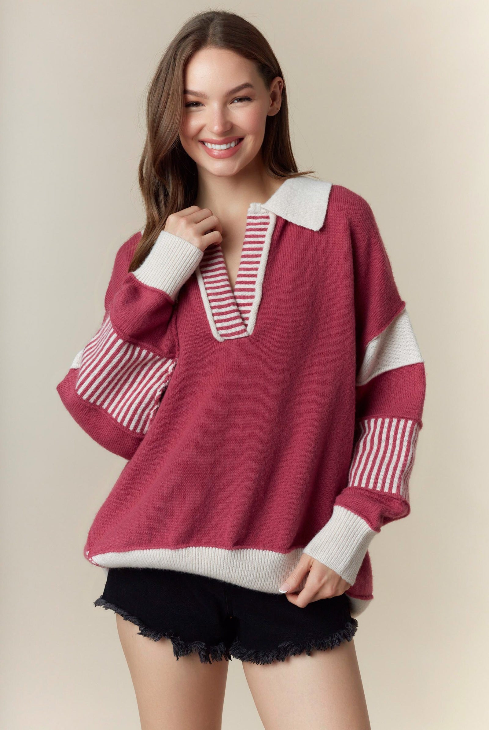 Color Contrast Split Neck Oversized Sweater-Sweaters-Krush Kandy, Women's Online Fashion Boutique Located in Phoenix, Arizona (Scottsdale Area)