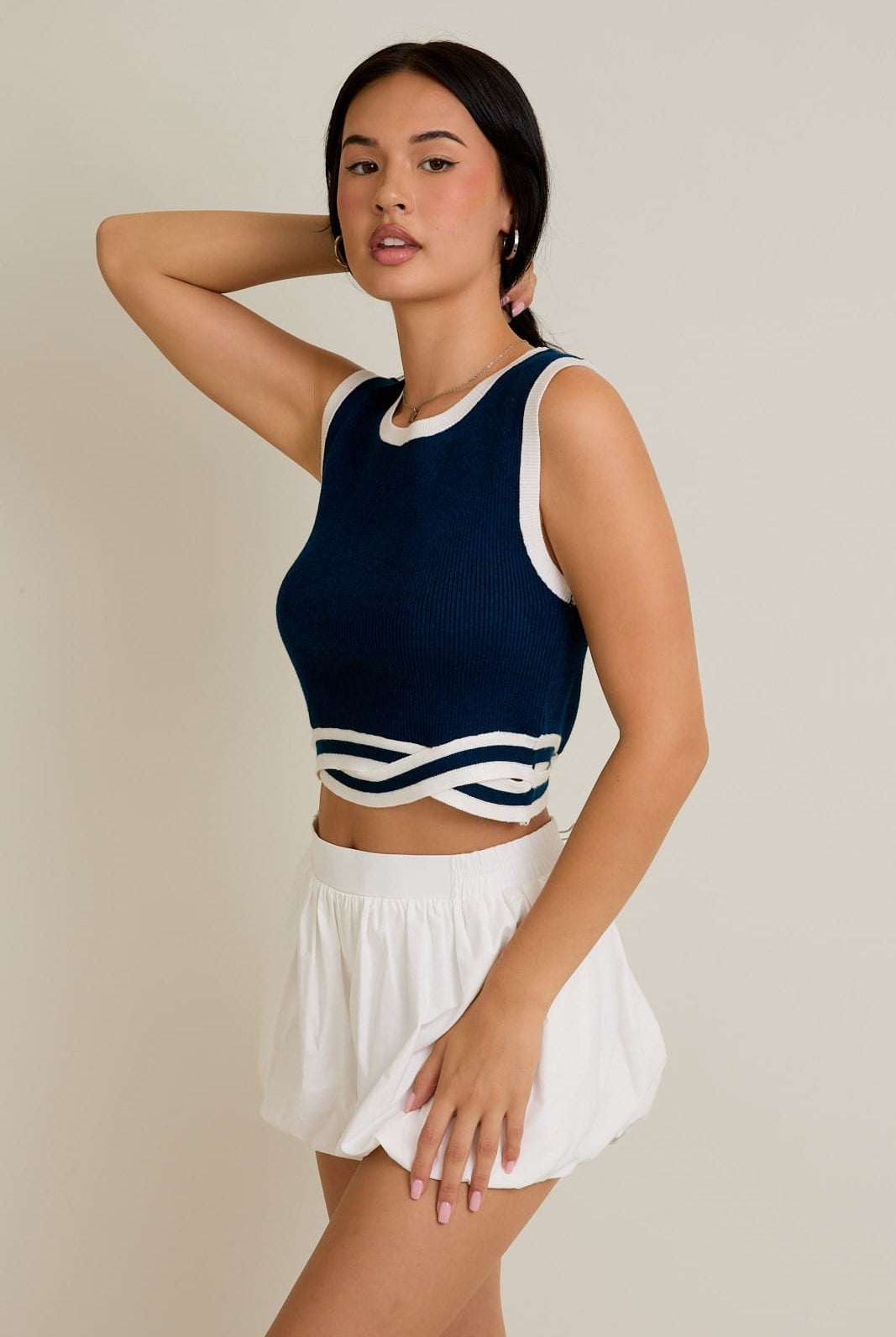 Navy Wave-Trim Cropped Knit Top-Tanks-Krush Kandy, Women's Online Fashion Boutique Located in Phoenix, Arizona (Scottsdale Area)