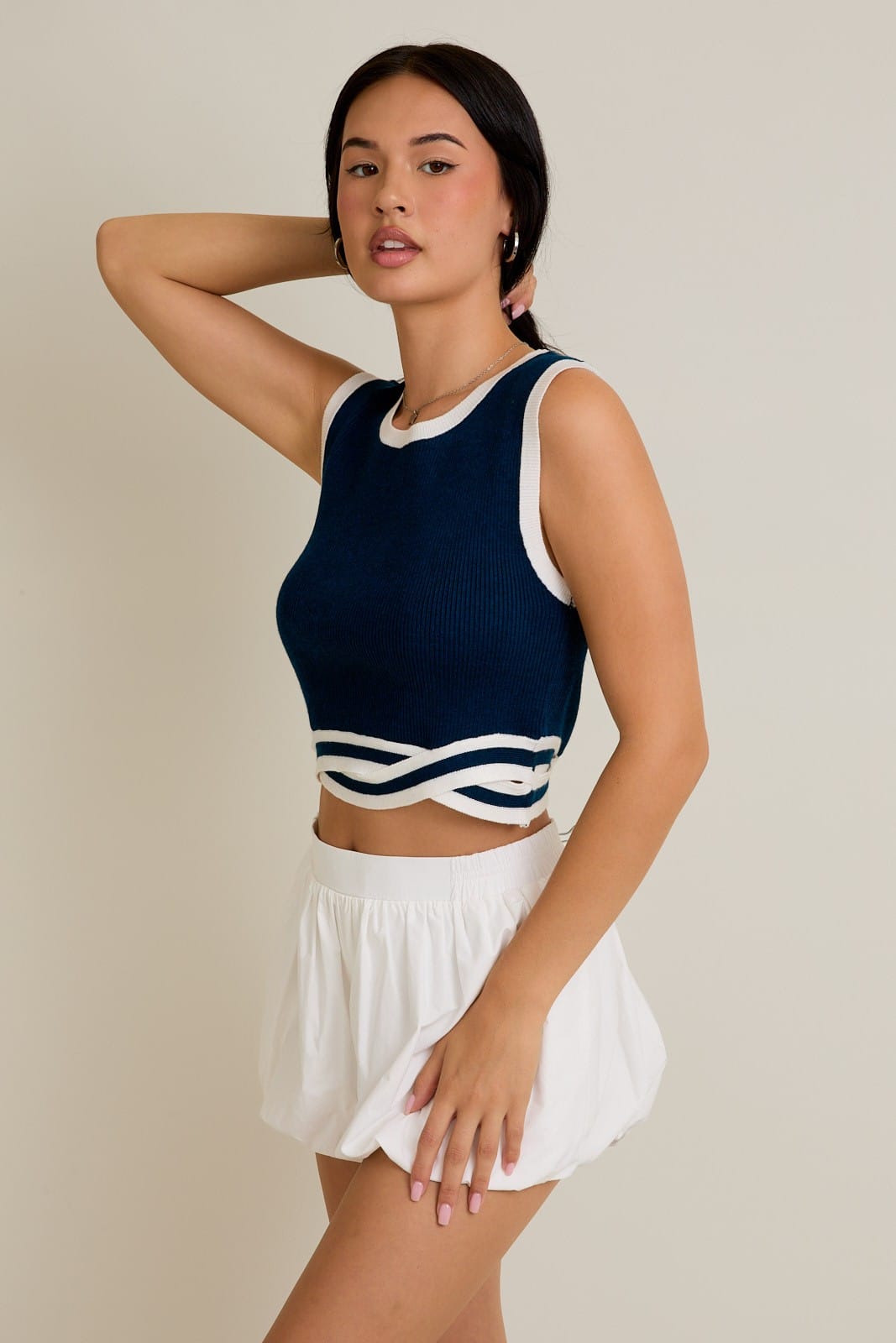 Navy Wave-Trim Cropped Knit Top-Tanks-Krush Kandy, Women's Online Fashion Boutique Located in Phoenix, Arizona (Scottsdale Area)