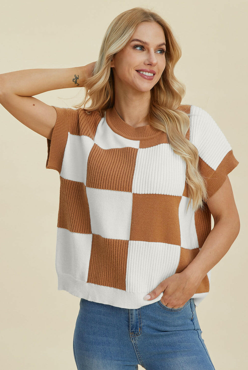 Double Take Full Size Checkered Round Neck Short Sleeve Sweater-Tops-Krush Kandy, Women's Online Fashion Boutique Located in Phoenix, Arizona (Scottsdale Area)