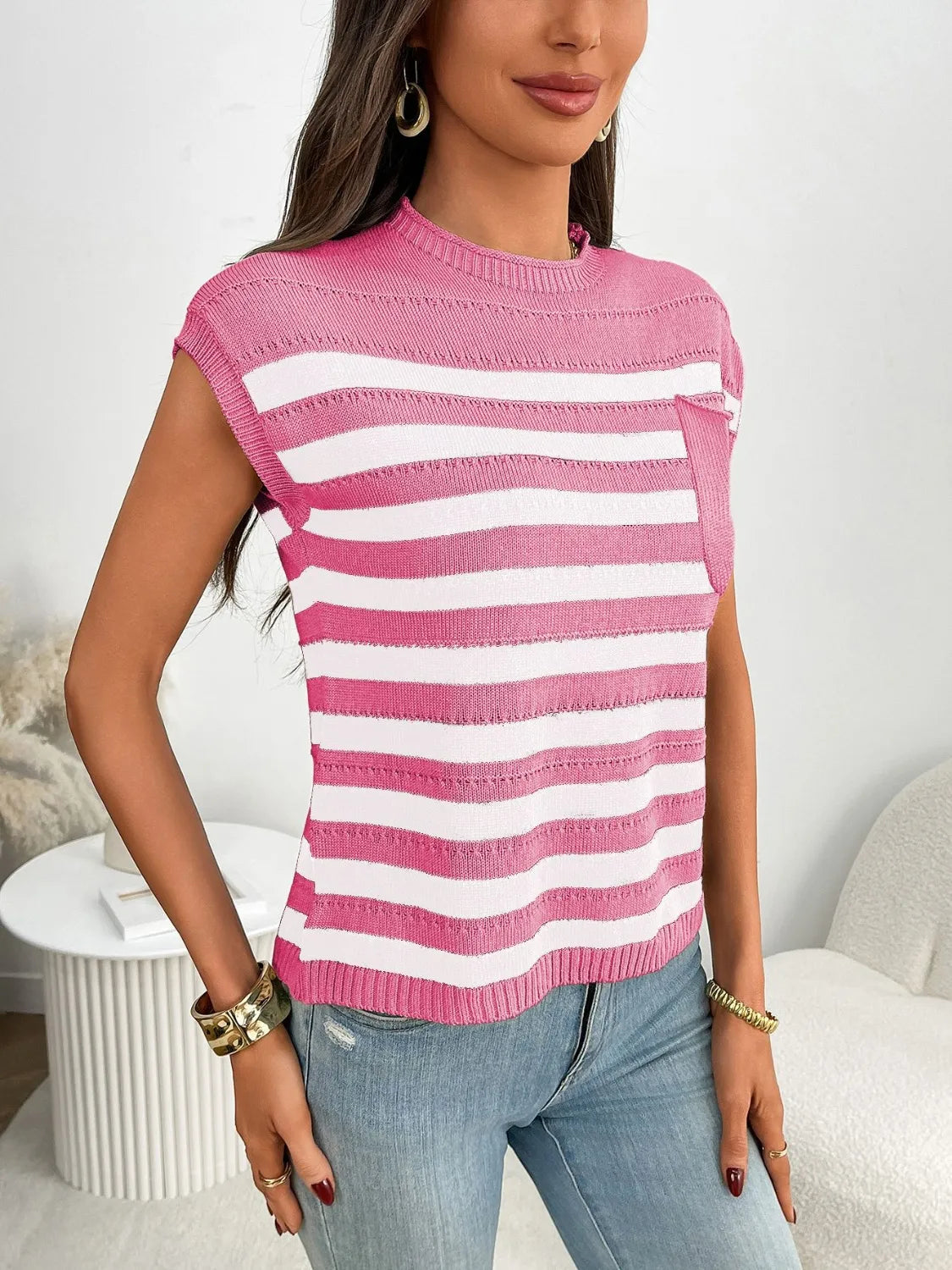 Striped Mock Neck Cap Sleeve Knit Top-Tops-Krush Kandy, Women's Online Fashion Boutique Located in Phoenix, Arizona (Scottsdale Area)