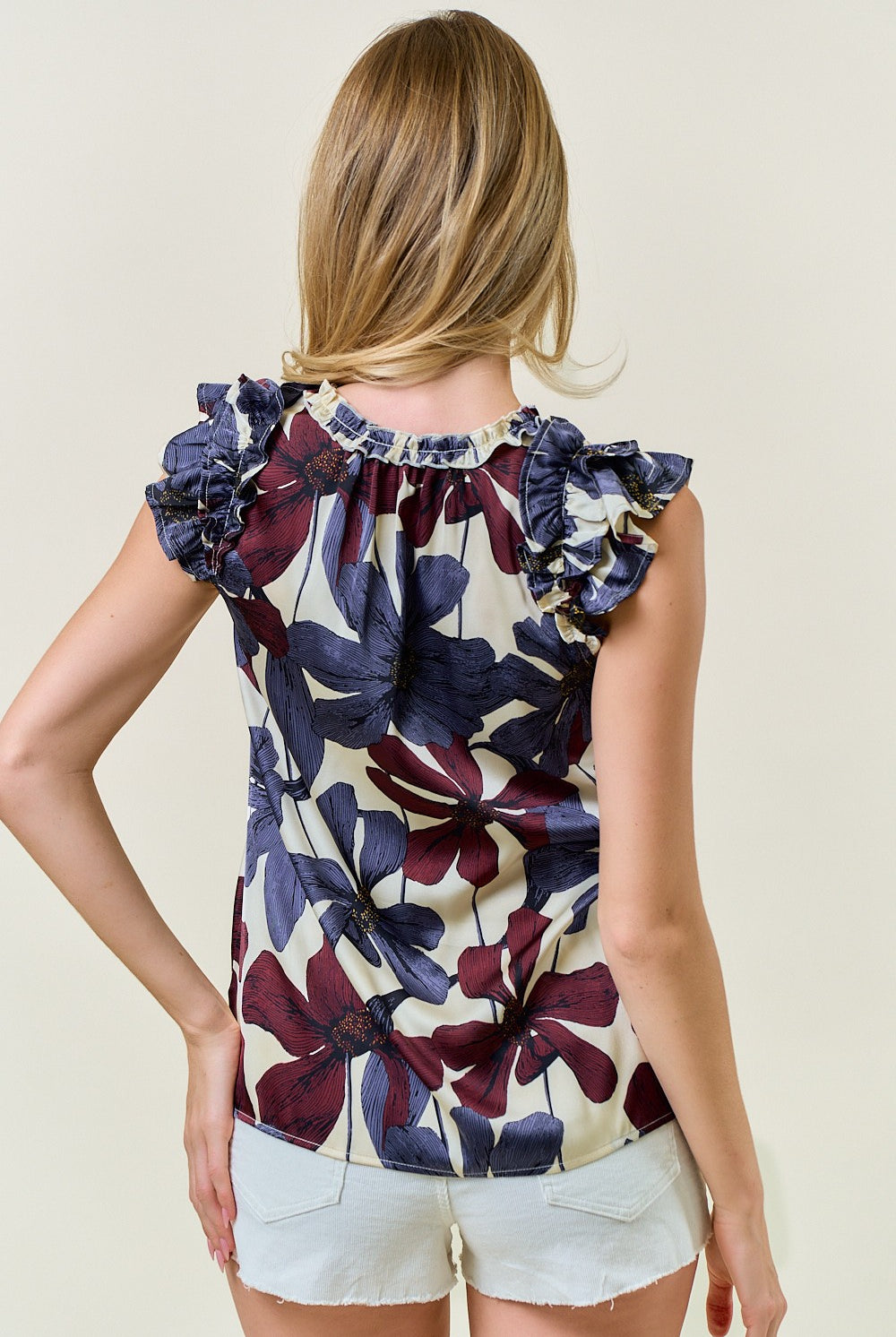 Floral Satin Ruffle V-Neck Blouse-Tops-Krush Kandy, Women's Online Fashion Boutique Located in Phoenix, Arizona (Scottsdale Area)