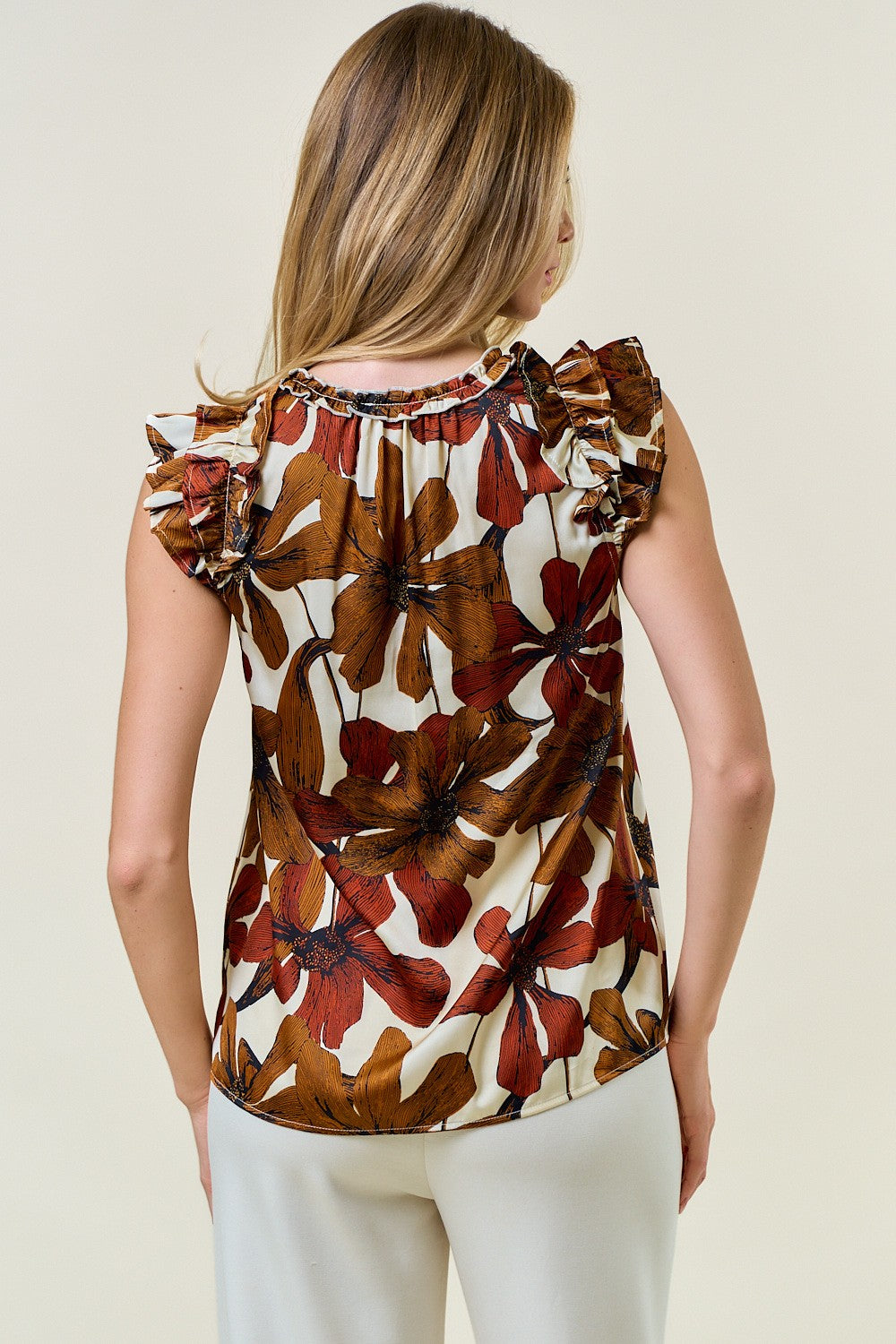 Floral Satin Ruffle V-Neck Blouse-Tops-Krush Kandy, Women's Online Fashion Boutique Located in Phoenix, Arizona (Scottsdale Area)