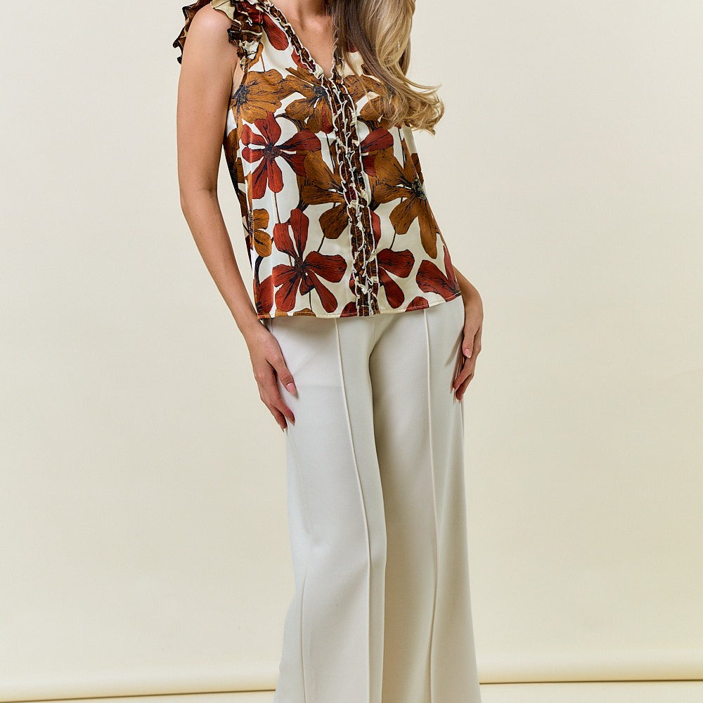 Floral Satin Ruffle V-Neck Blouse-Tops-Krush Kandy, Women's Online Fashion Boutique Located in Phoenix, Arizona (Scottsdale Area)