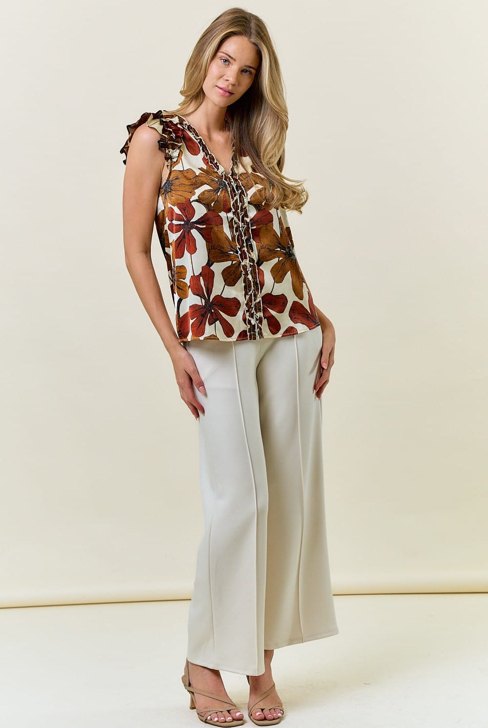 Floral Satin Ruffle V-Neck Blouse-Tops-Krush Kandy, Women's Online Fashion Boutique Located in Phoenix, Arizona (Scottsdale Area)