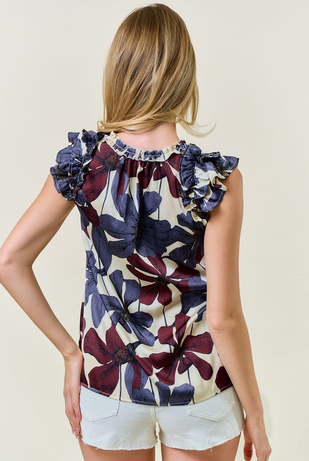 Floral Satin Ruffle V-Neck Blouse-Tops-Krush Kandy, Women's Online Fashion Boutique Located in Phoenix, Arizona (Scottsdale Area)