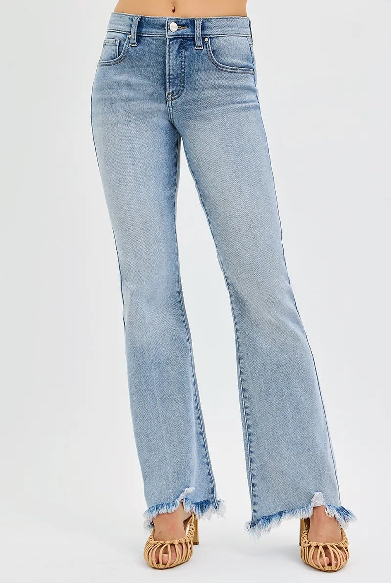 RISEN Full Size Tummy Control Mid Rise Flare Jeans with Fray Hem Detailed Plus Size-Jeans-Krush Kandy, Women's Online Fashion Boutique Located in Phoenix, Arizona (Scottsdale Area)