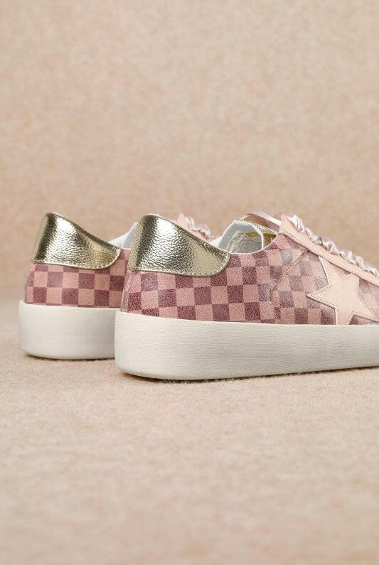 Alex - Star Lace-up Checkered Sneakers With Gold Contrast-Shoes-Krush Kandy, Women's Online Fashion Boutique Located in Phoenix, Arizona (Scottsdale Area)