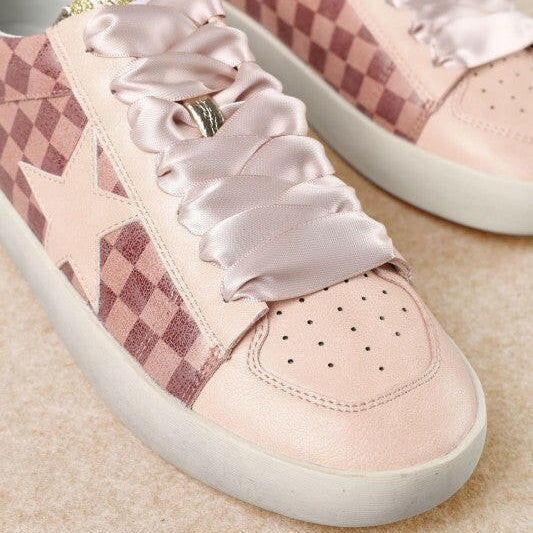 Alex - Star Lace-up Checkered Sneakers With Gold Contrast-Shoes-Krush Kandy, Women's Online Fashion Boutique Located in Phoenix, Arizona (Scottsdale Area)