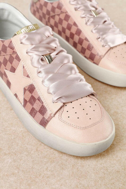 Alex - Star Lace-up Checkered Sneakers With Gold Contrast-Shoes-Krush Kandy, Women's Online Fashion Boutique Located in Phoenix, Arizona (Scottsdale Area)