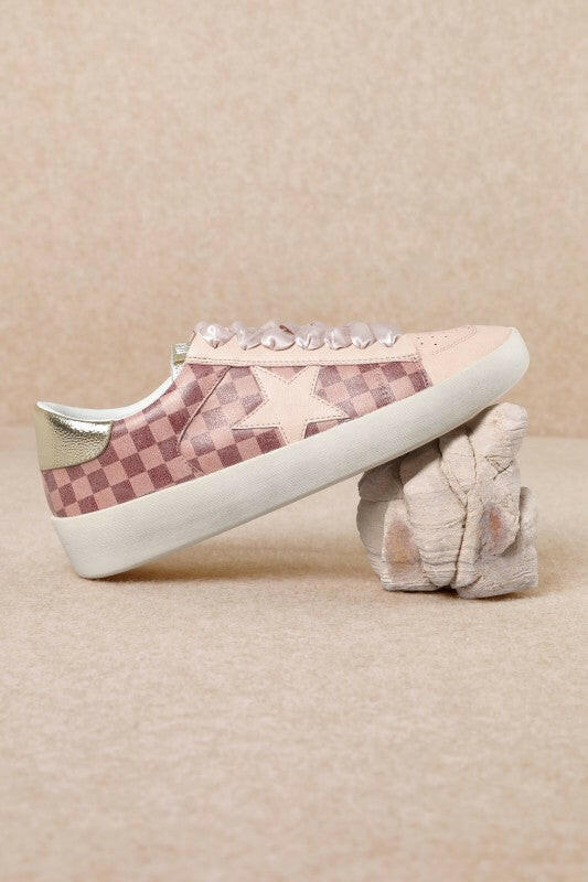 Alex - Star Lace-up Checkered Sneakers With Gold Contrast-Shoes-Krush Kandy, Women's Online Fashion Boutique Located in Phoenix, Arizona (Scottsdale Area)