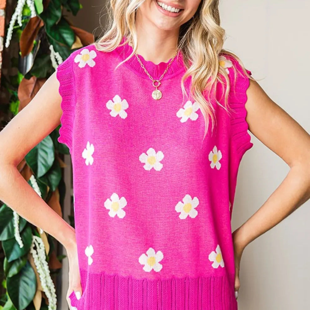 First Love Full Size Flower Pattern Round Neck Sweater Vest-Sweaters-Krush Kandy, Women's Online Fashion Boutique Located in Phoenix, Arizona (Scottsdale Area)