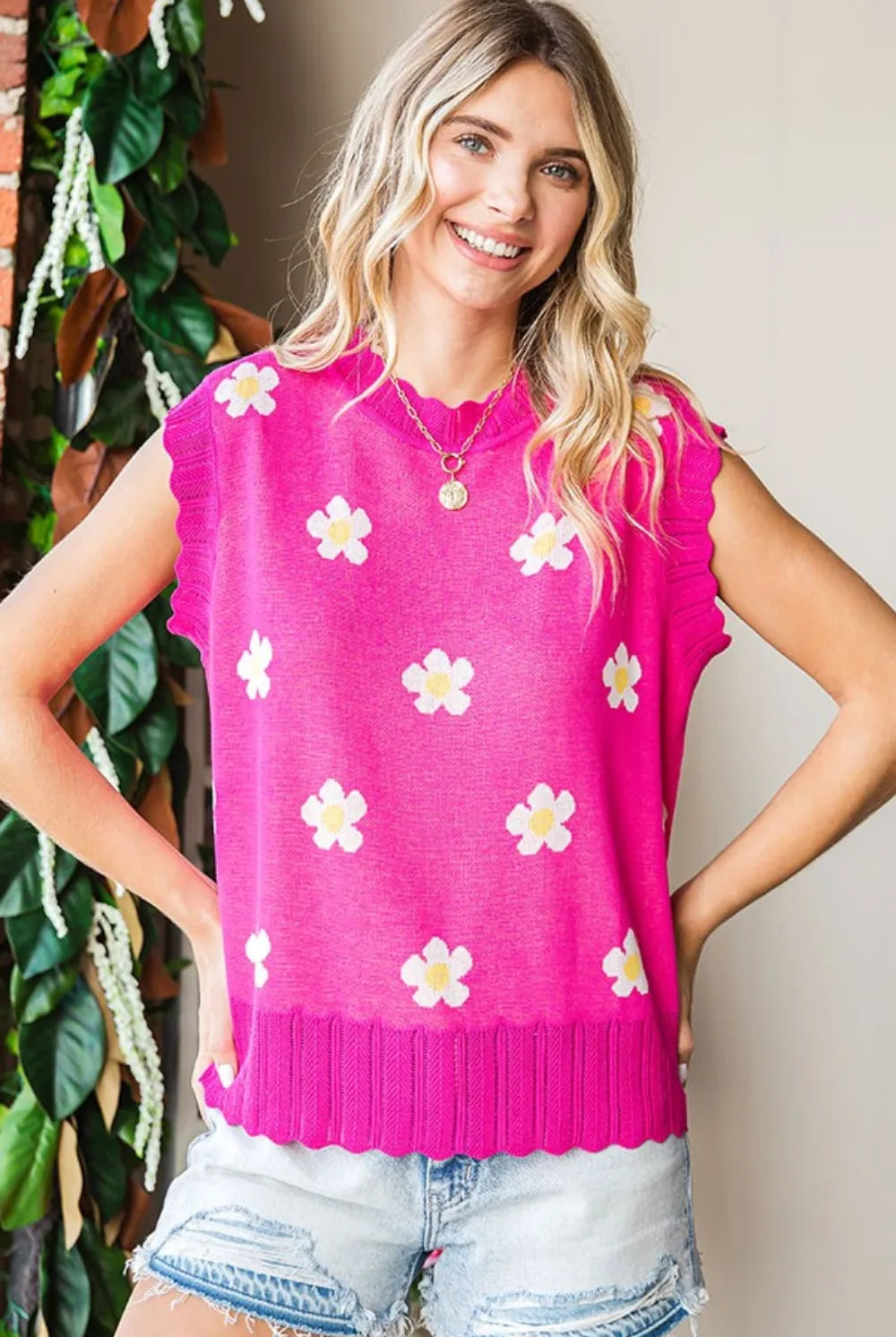 First Love Full Size Flower Pattern Round Neck Sweater Vest-Sweaters-Krush Kandy, Women's Online Fashion Boutique Located in Phoenix, Arizona (Scottsdale Area)