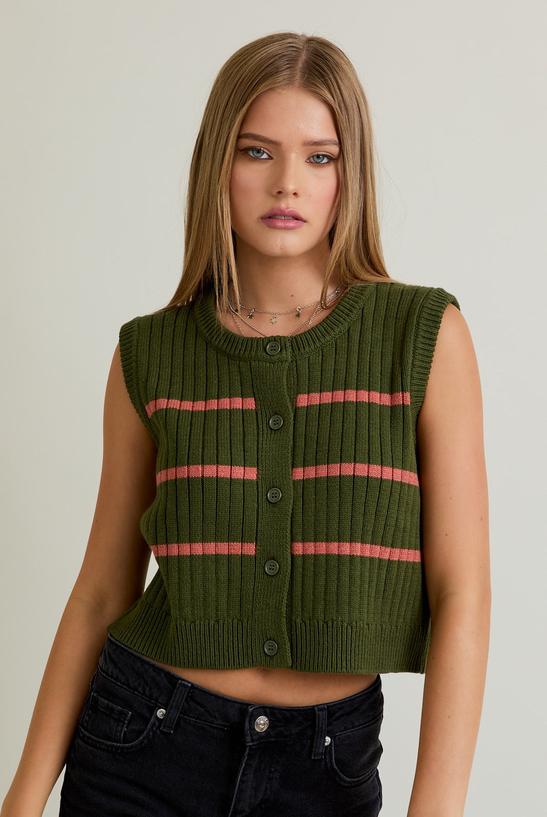 Olive & Rose Striped Sweater Vest-Sweater-Krush Kandy, Women's Online Fashion Boutique Located in Phoenix, Arizona (Scottsdale Area)