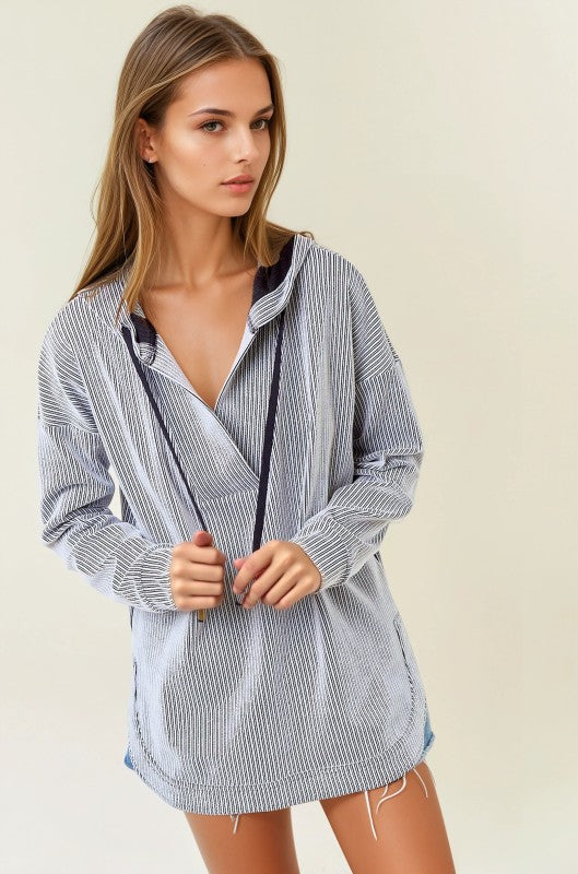 Stripe V-neckline Long Sleeve Hooded Sweatshirt-Sweatshirt-Krush Kandy, Women's Online Fashion Boutique Located in Phoenix, Arizona (Scottsdale Area)