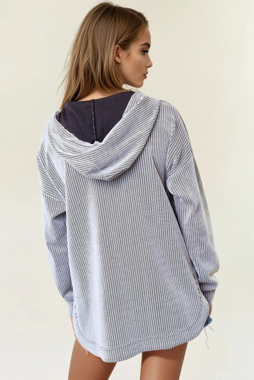 Stripe V-neckline Long Sleeve Hooded Sweatshirt-Sweatshirt-Krush Kandy, Women's Online Fashion Boutique Located in Phoenix, Arizona (Scottsdale Area)