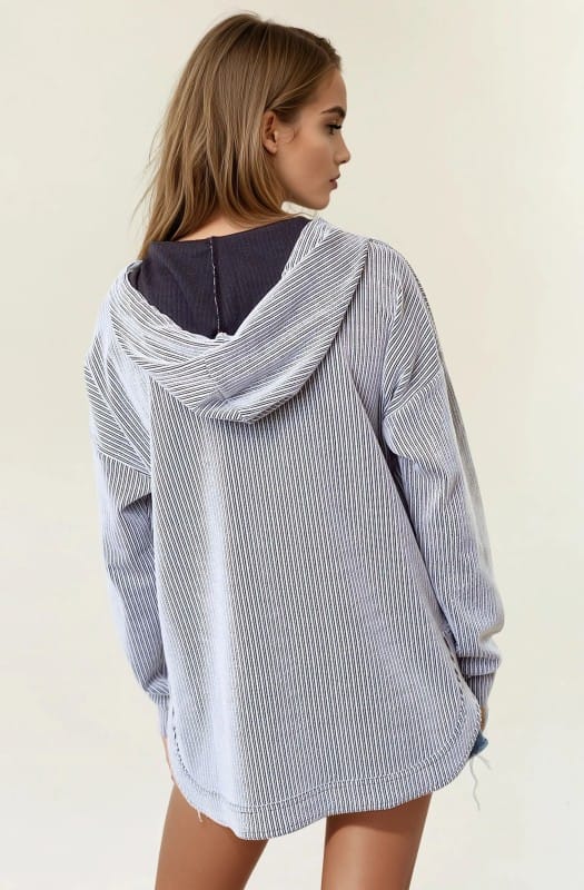 Stripe V-neckline Long Sleeve Hooded Sweatshirt-Sweatshirt-Krush Kandy, Women's Online Fashion Boutique Located in Phoenix, Arizona (Scottsdale Area)