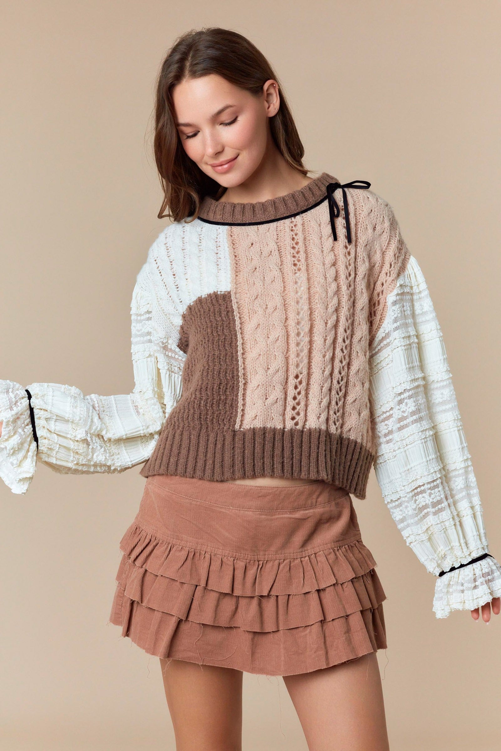 Chunky Knit Sweater with Contrasting Textured Sleeves-Sweaters-Krush Kandy, Women's Online Fashion Boutique Located in Phoenix, Arizona (Scottsdale Area)
