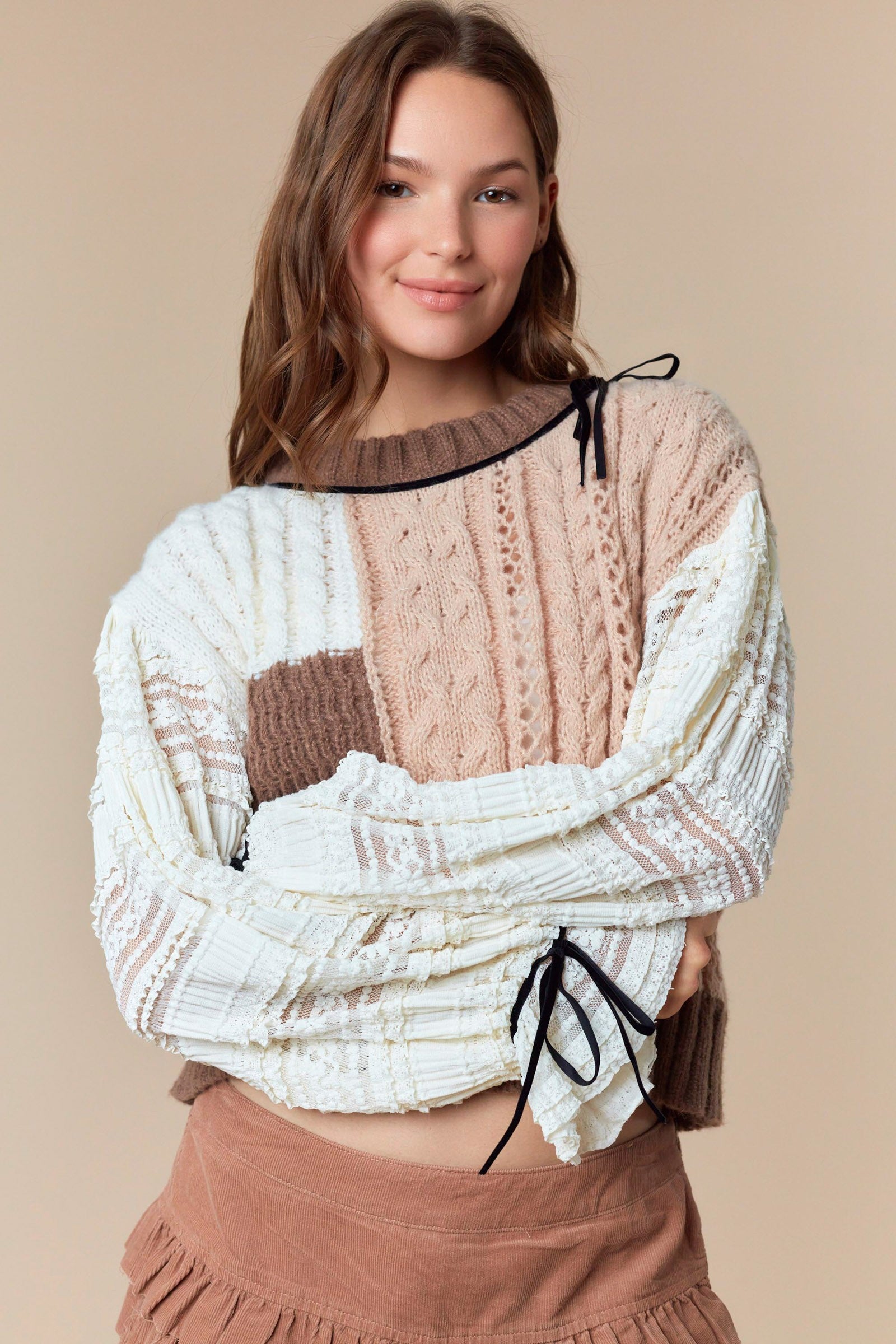 Chunky Knit Sweater with Contrasting Textured Sleeves-Sweaters-Krush Kandy, Women's Online Fashion Boutique Located in Phoenix, Arizona (Scottsdale Area)