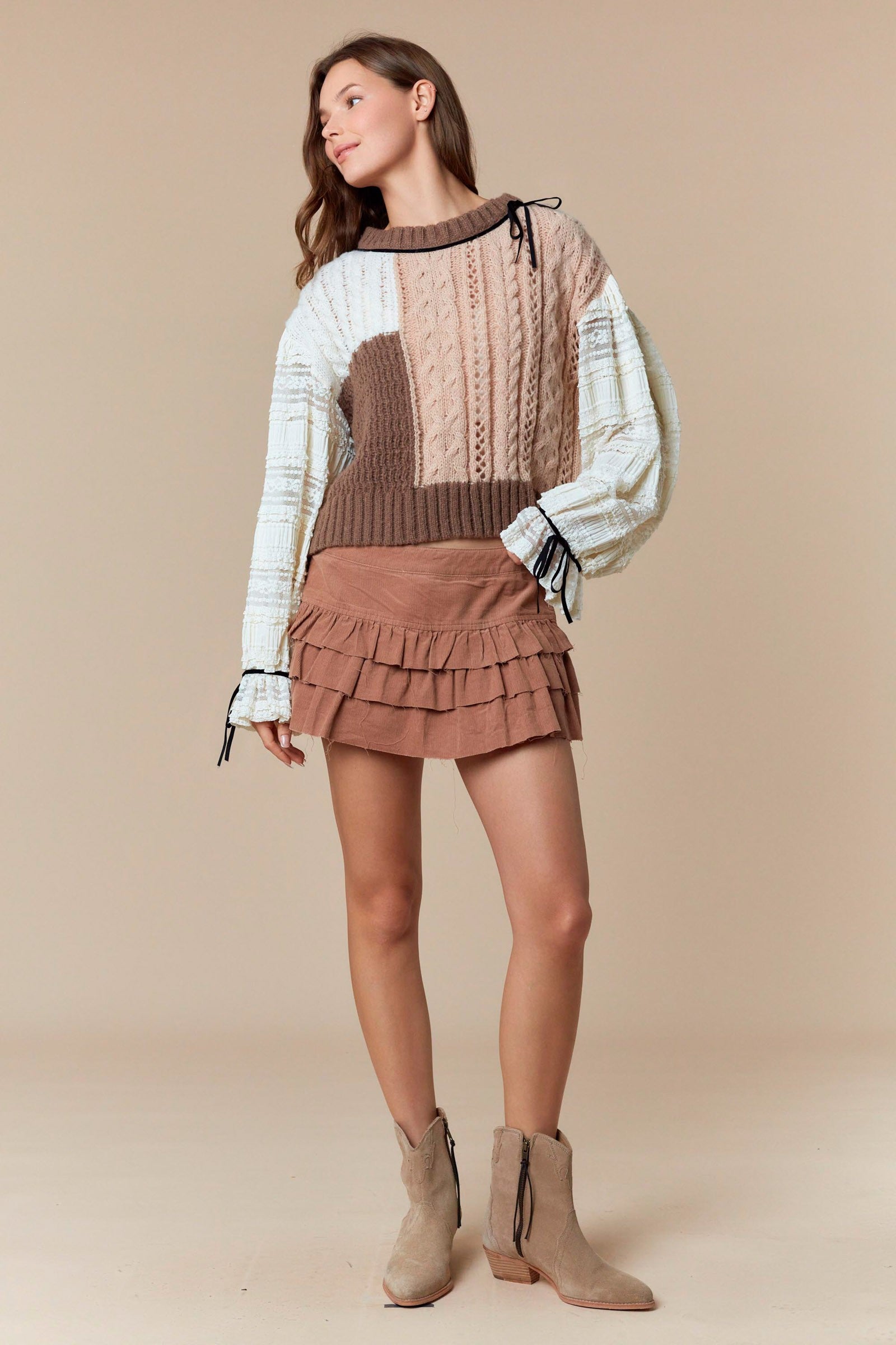 Chunky Knit Sweater with Contrasting Textured Sleeves-Sweaters-Krush Kandy, Women's Online Fashion Boutique Located in Phoenix, Arizona (Scottsdale Area)