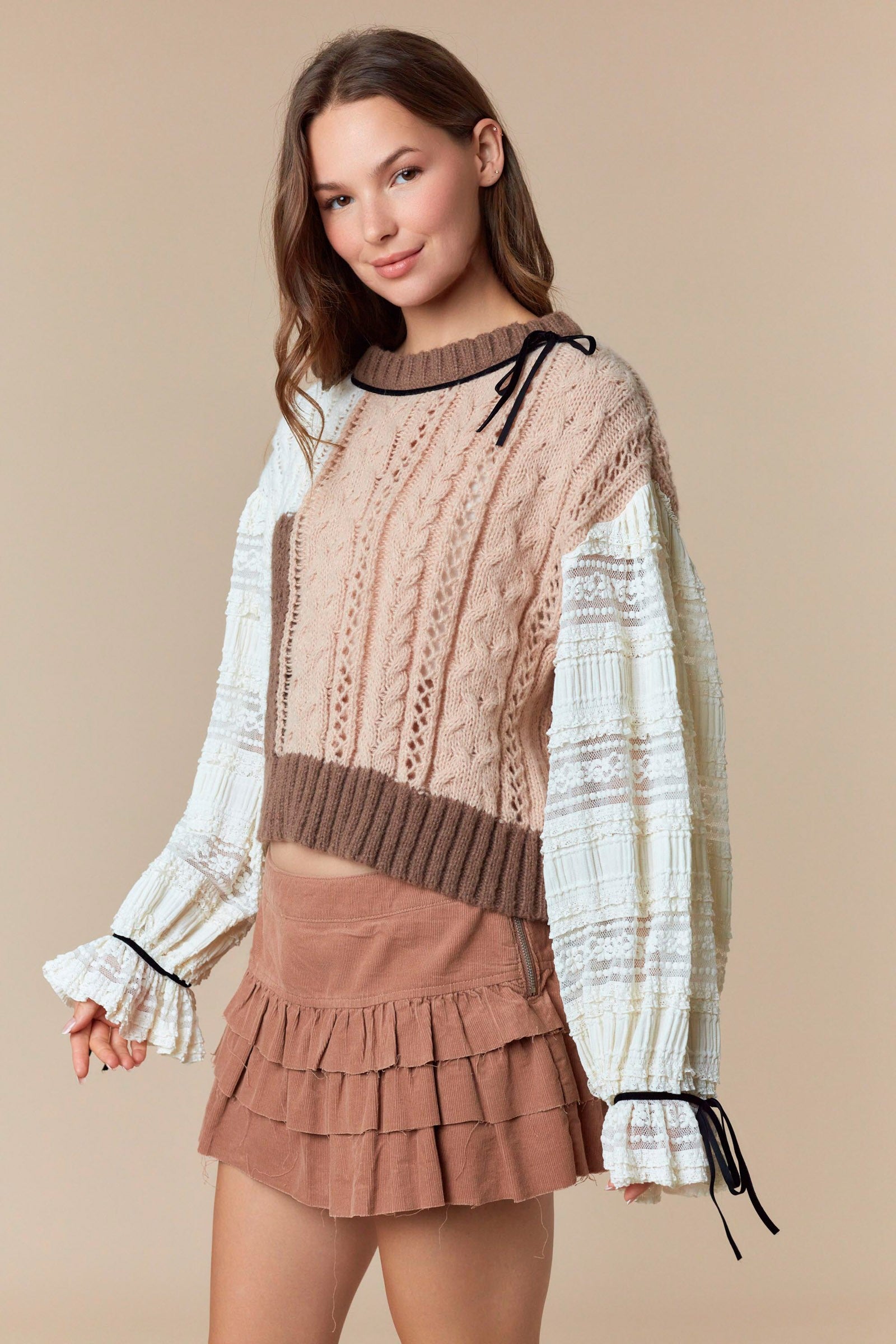 Chunky Knit Sweater with Contrasting Textured Sleeves-Sweaters-Krush Kandy, Women's Online Fashion Boutique Located in Phoenix, Arizona (Scottsdale Area)