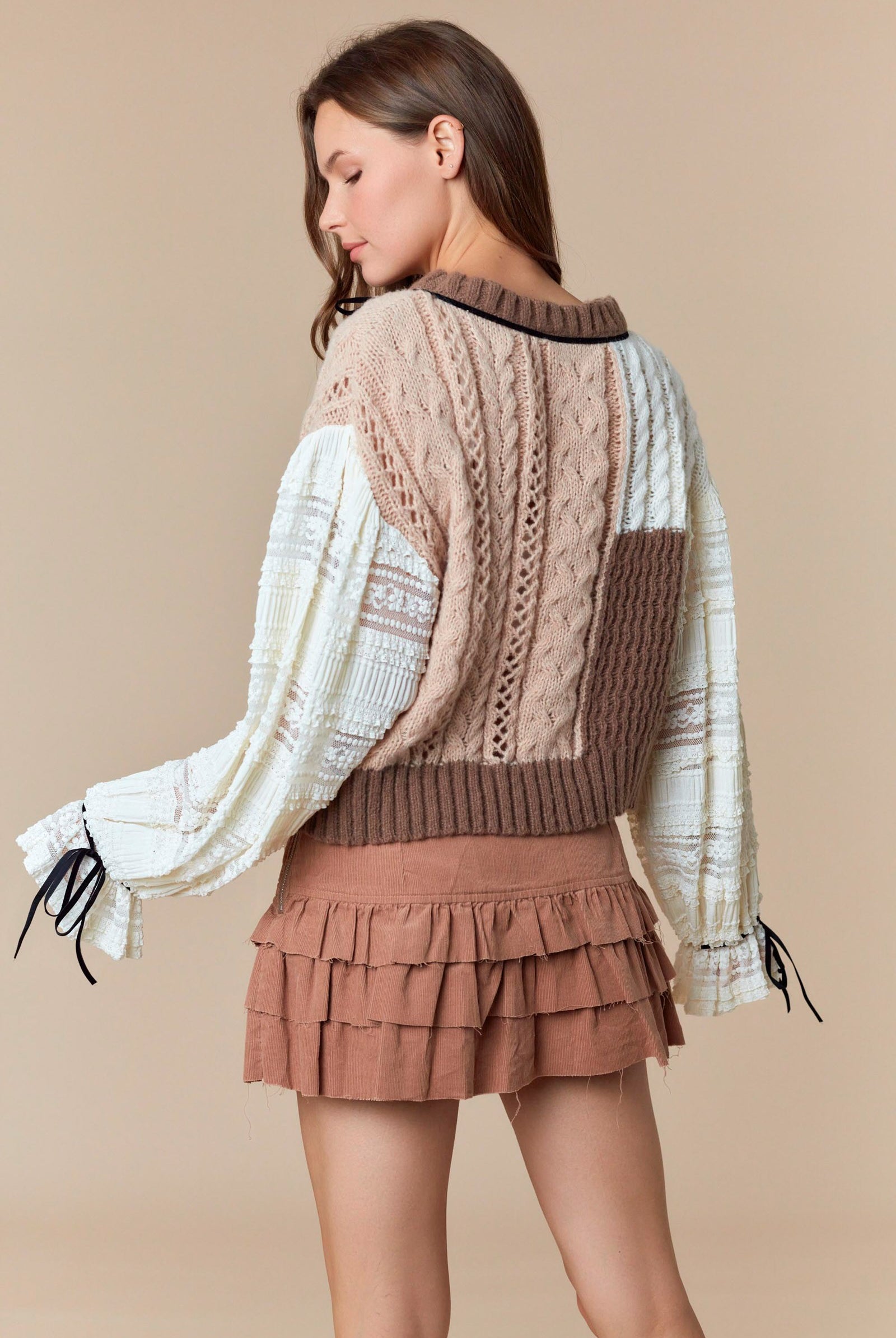 Chunky Knit Sweater with Contrasting Textured Sleeves-Sweaters-Krush Kandy, Women's Online Fashion Boutique Located in Phoenix, Arizona (Scottsdale Area)
