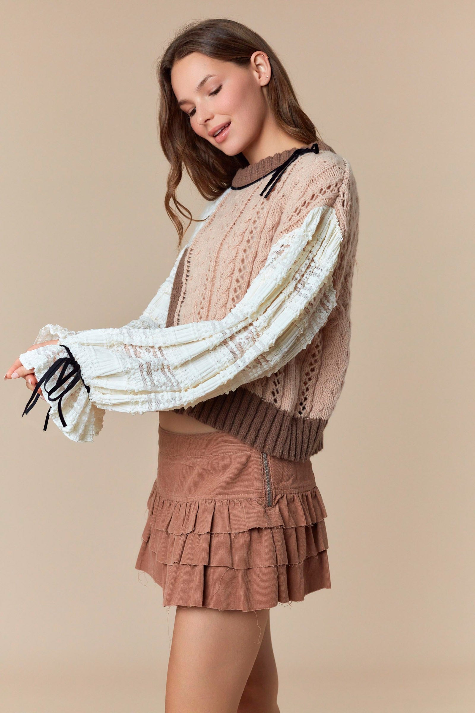 Chunky Knit Sweater with Contrasting Textured Sleeves-Sweaters-Krush Kandy, Women's Online Fashion Boutique Located in Phoenix, Arizona (Scottsdale Area)