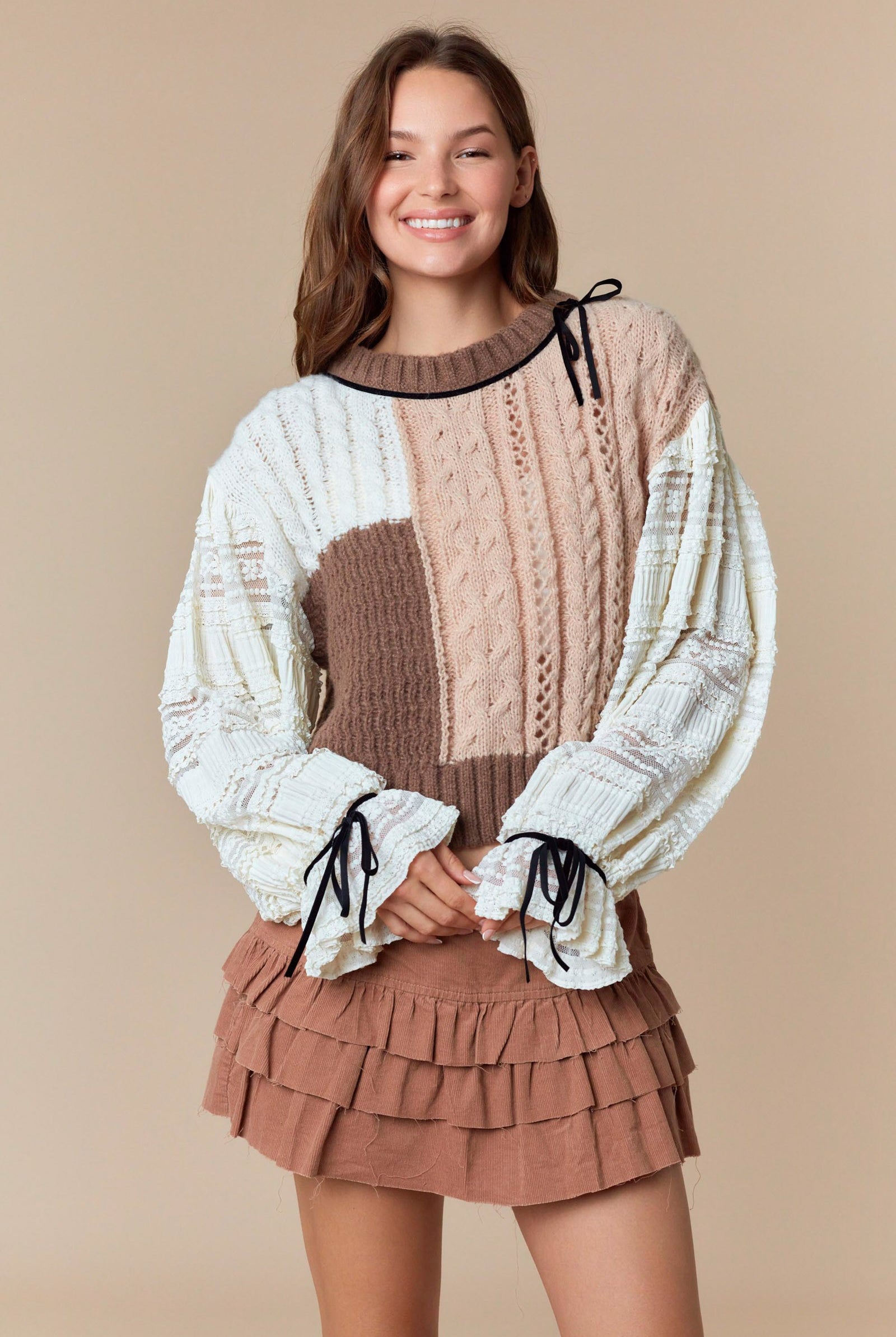 Chunky Knit Sweater with Contrasting Textured Sleeves-Sweaters-Krush Kandy, Women's Online Fashion Boutique Located in Phoenix, Arizona (Scottsdale Area)