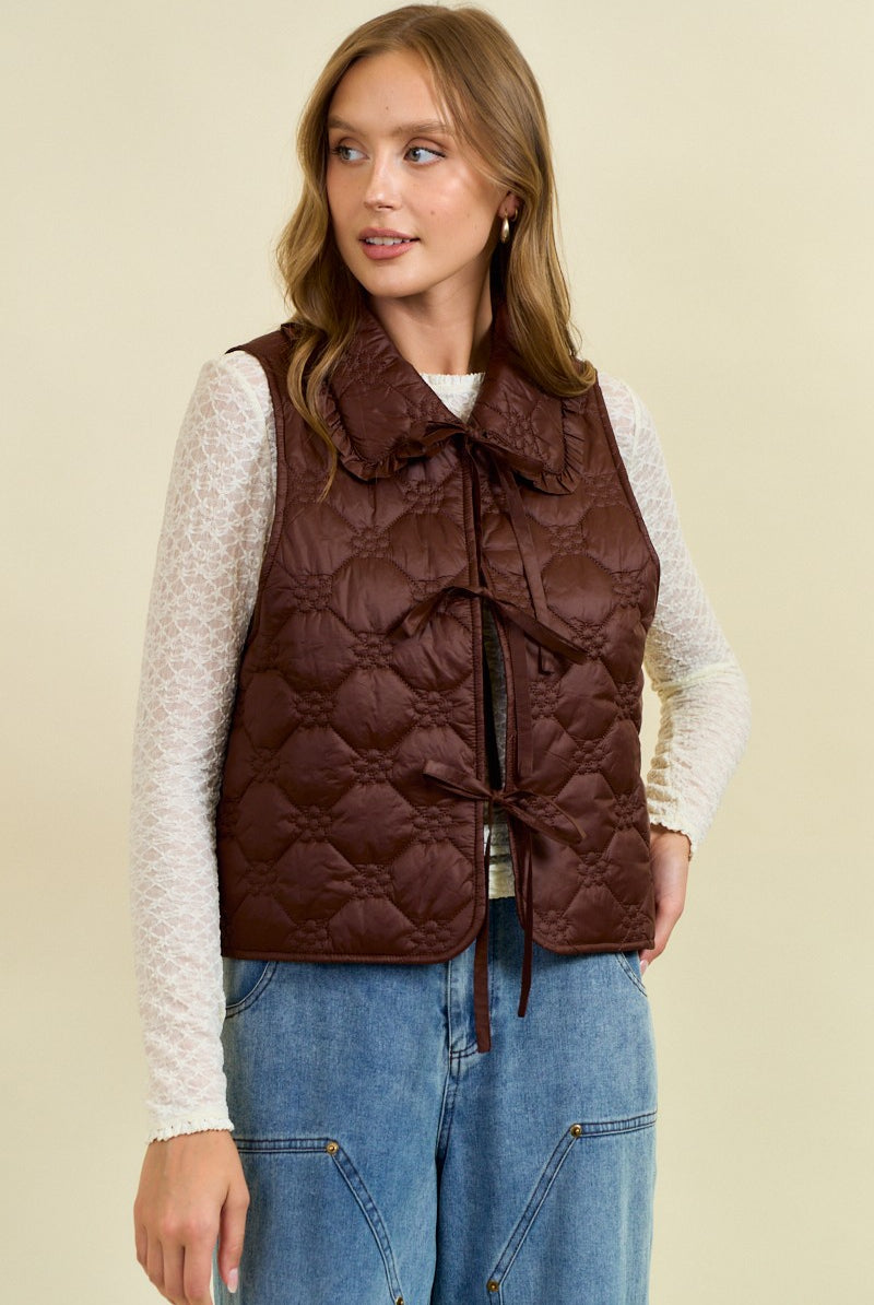 Ruffled Oversized Collar Quilted Tie-Front Vest-Vests-Krush Kandy, Women's Online Fashion Boutique Located in Phoenix, Arizona (Scottsdale Area)